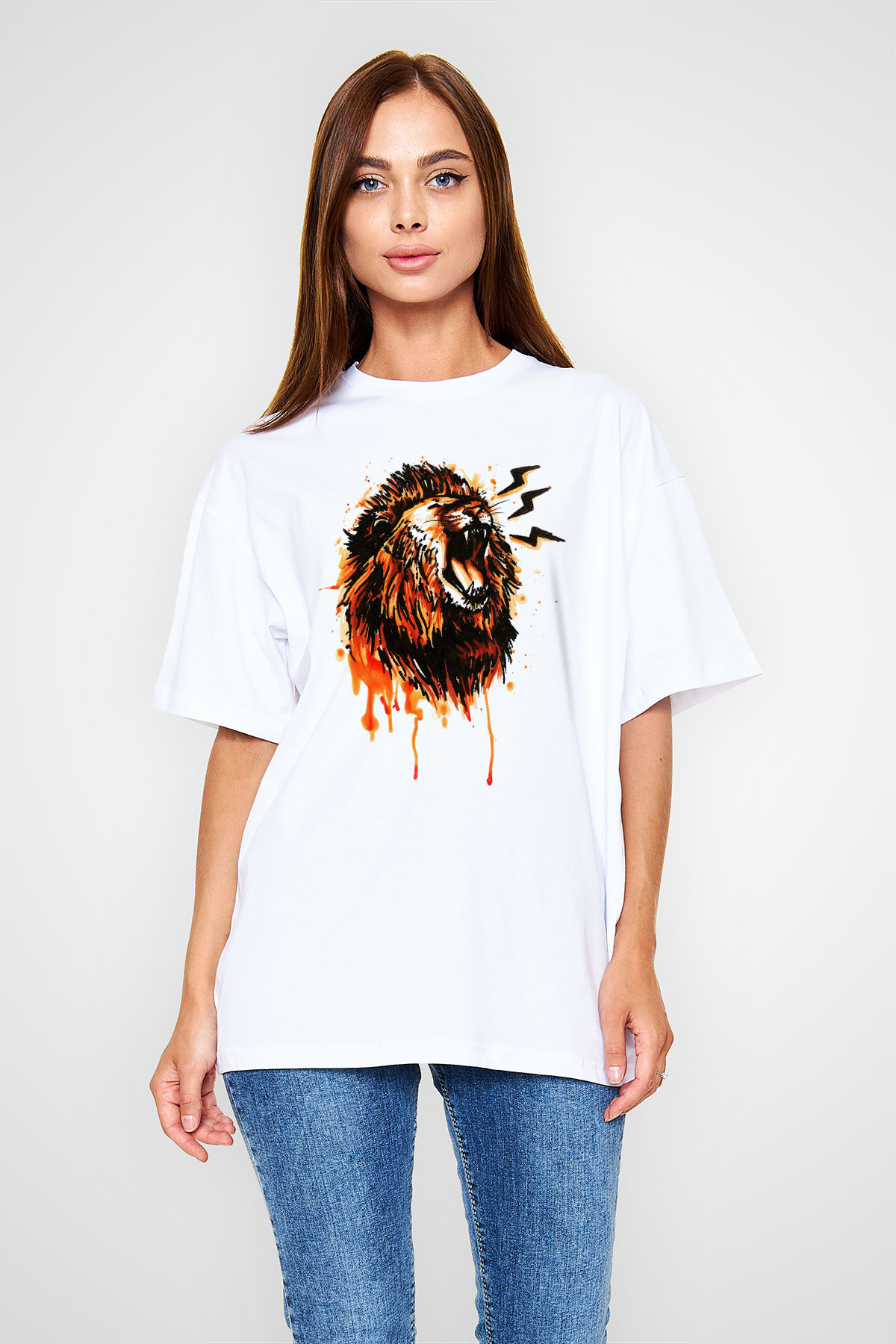 Aslan Beyaz Unisex Oversize Tişört T-Shirt