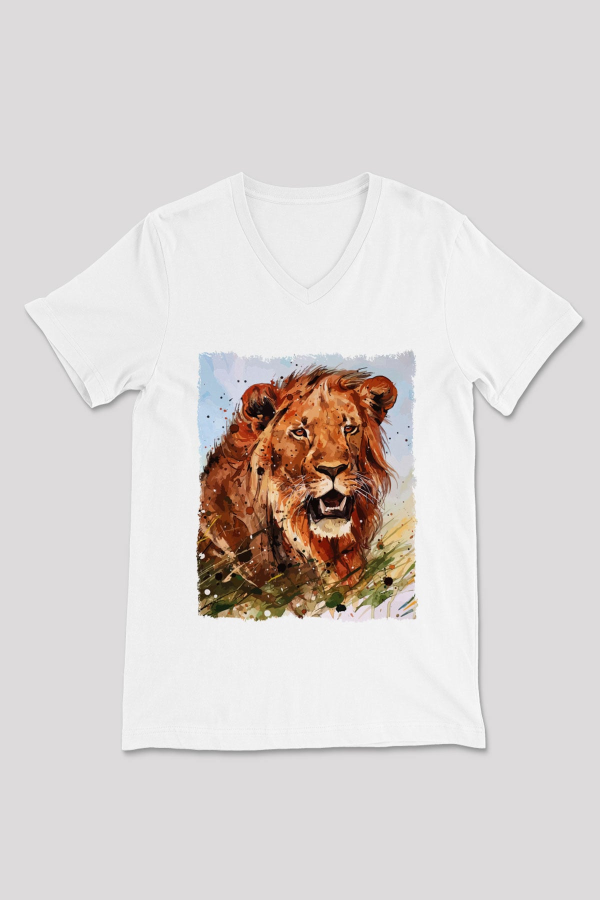 Aslan Beyaz Unisex V Yaka Tişört