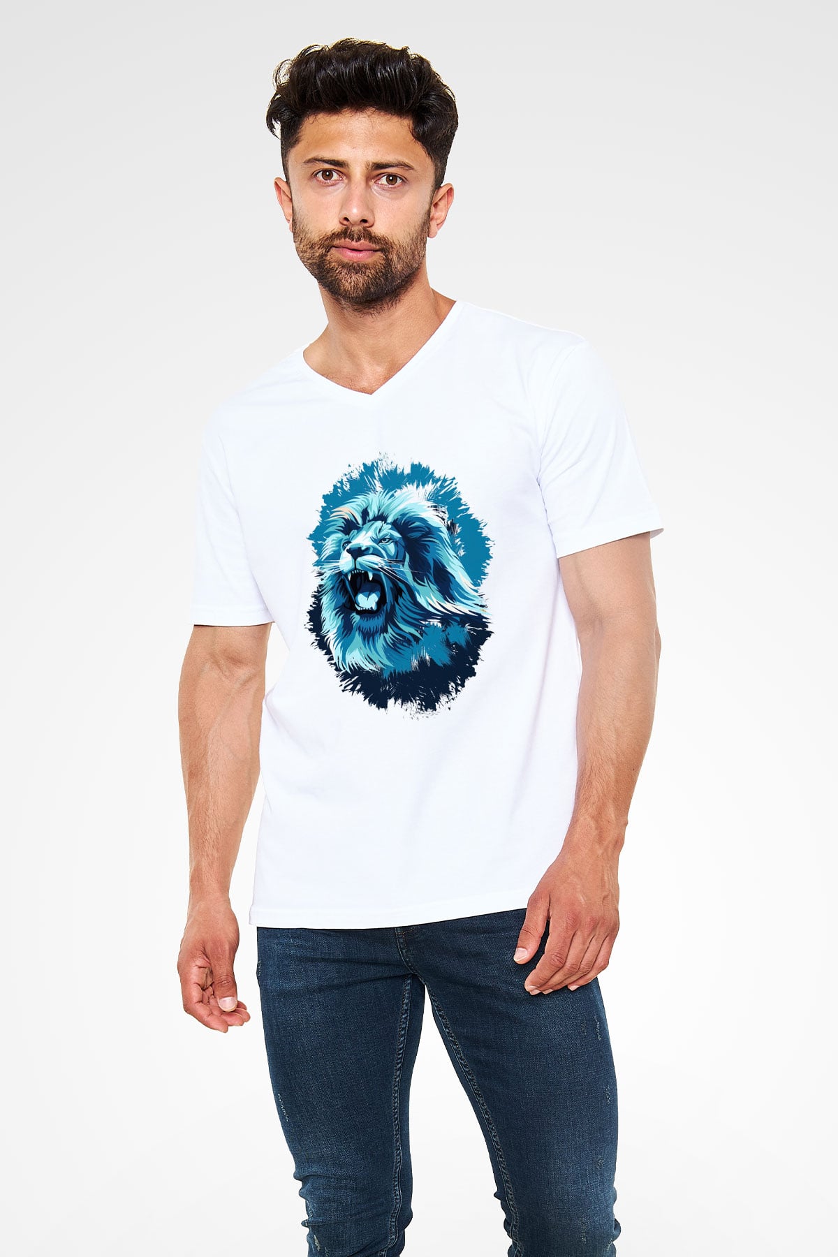 Aslan Beyaz Unisex V Yaka Tişört