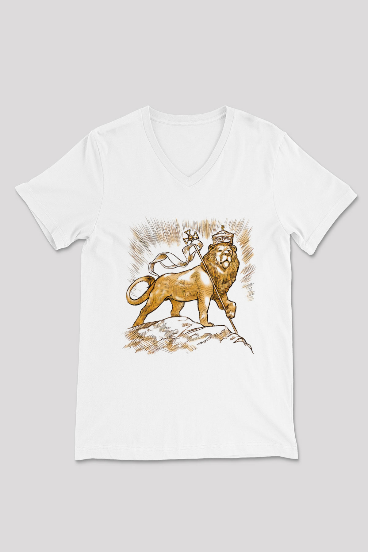 Aslan Beyaz Unisex V Yaka Tişört T-Shirt
