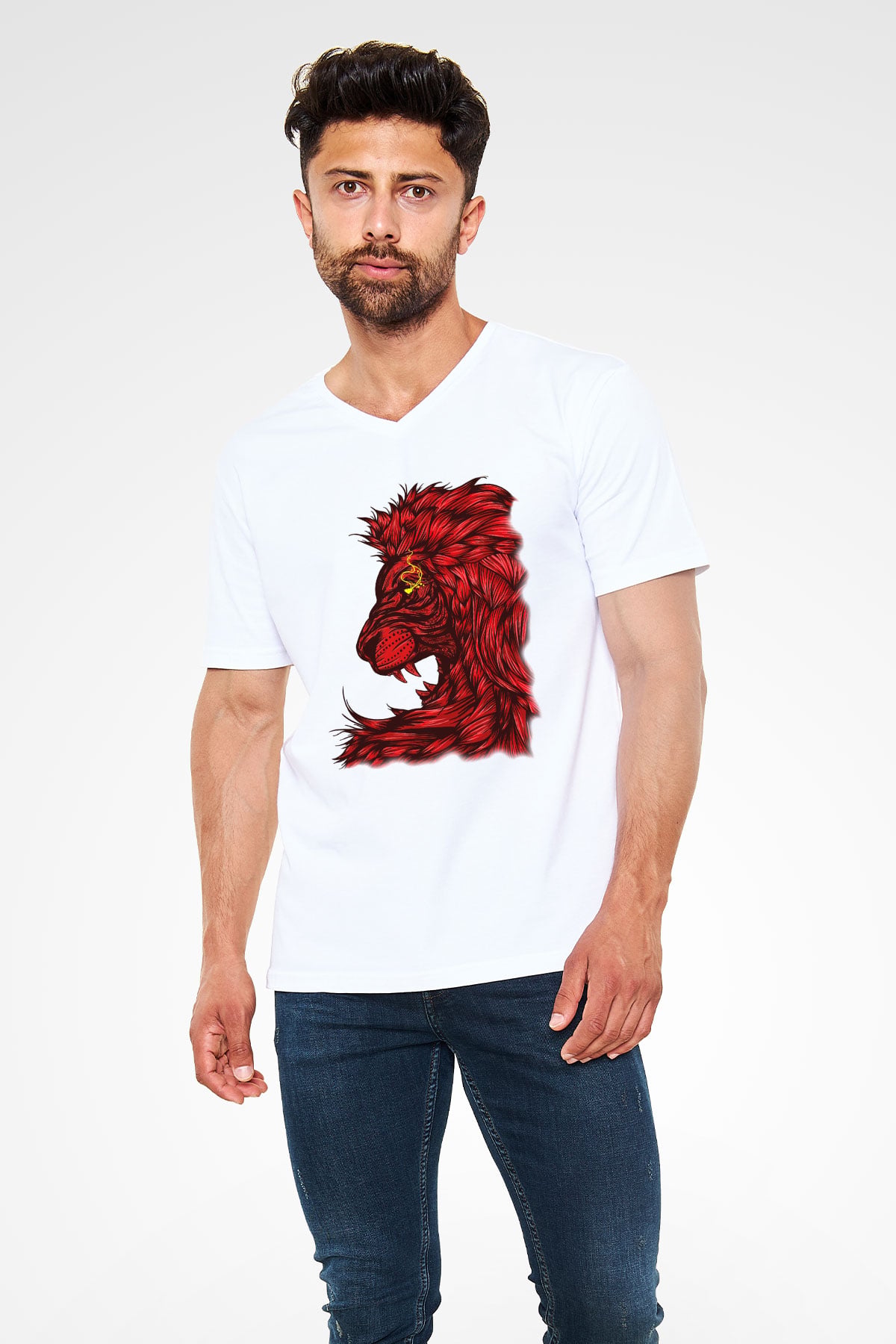 Aslan Beyaz Unisex V Yaka Tişört T-Shirt