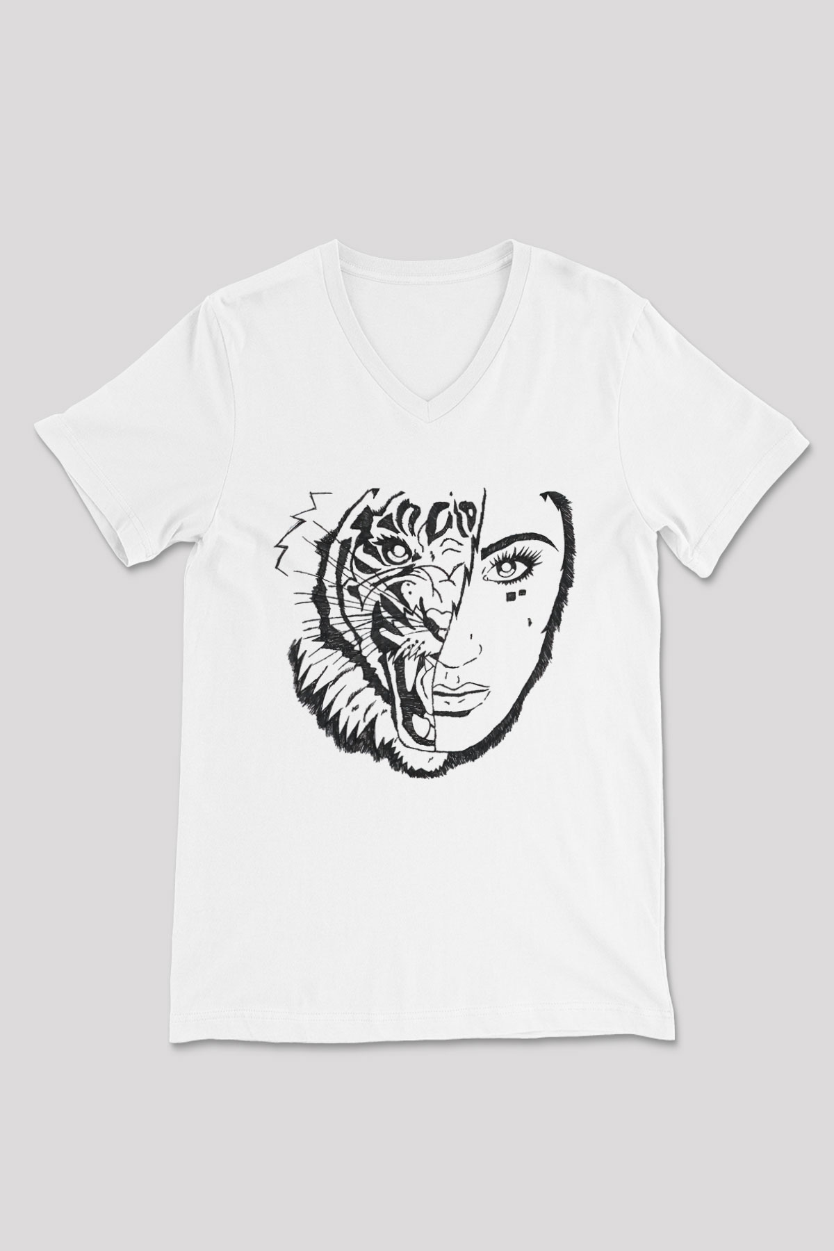 Aslan Beyaz Unisex V Yaka Tişört T-Shirt