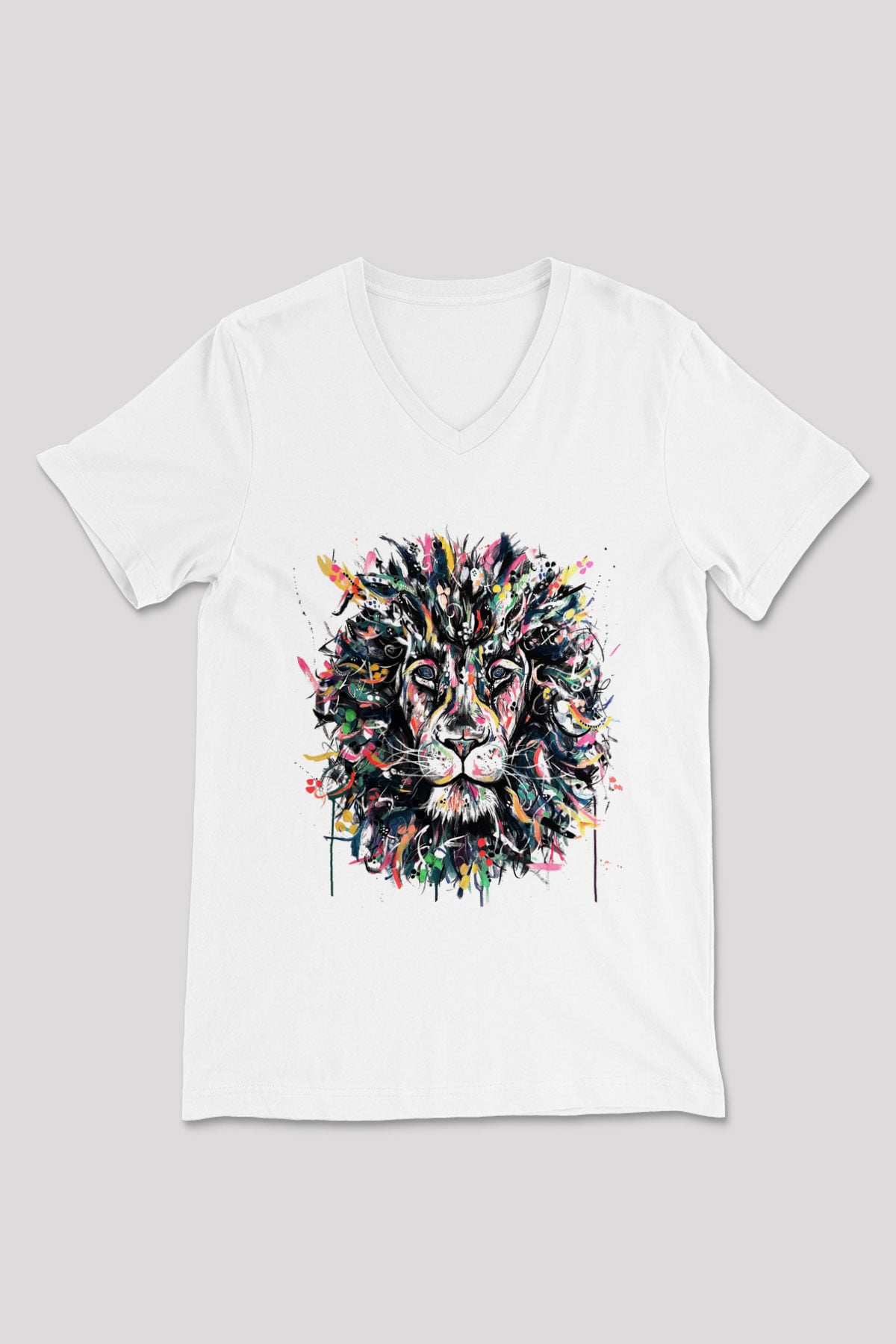 Aslan Beyaz Unisex V Yaka Tişört T-Shirt