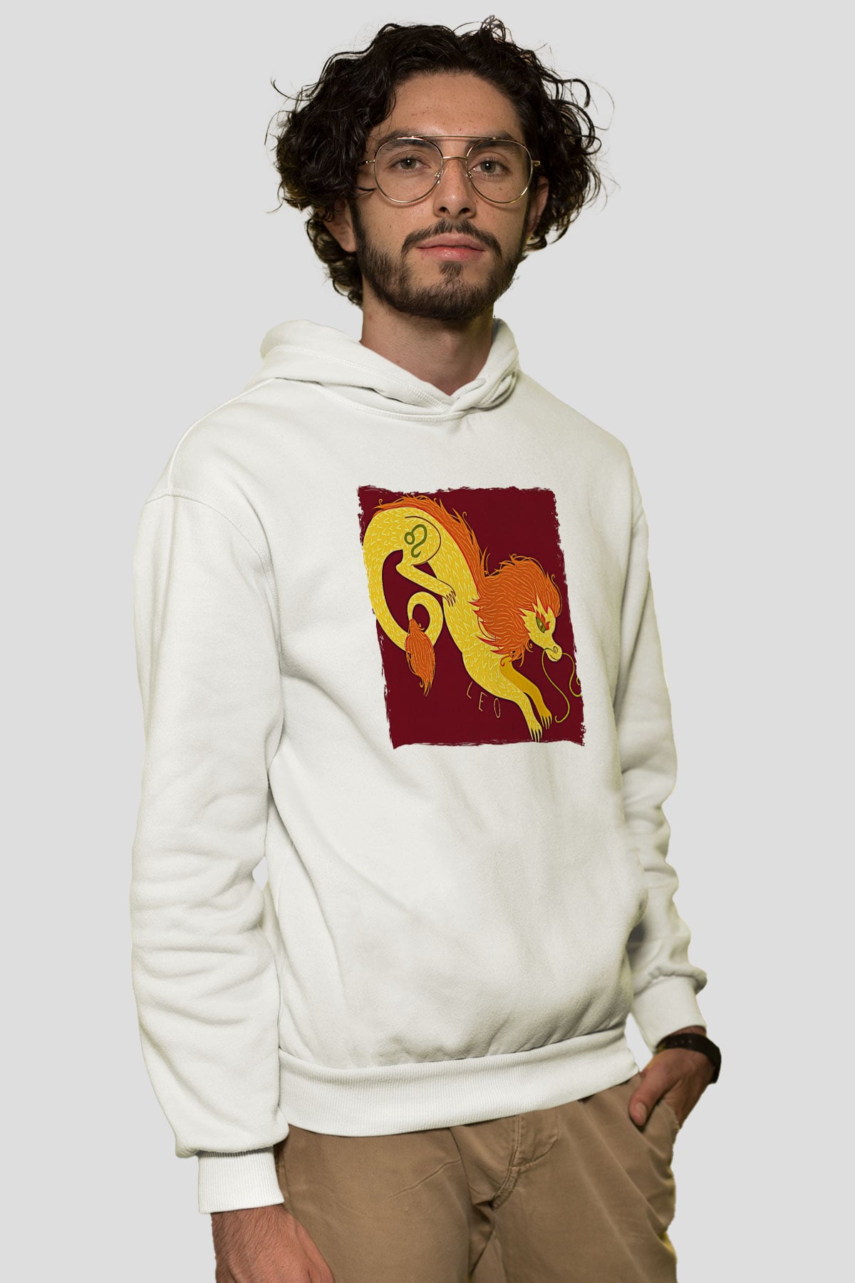 Aslan Burcu Baskılı Beyaz Unisex Hoodie