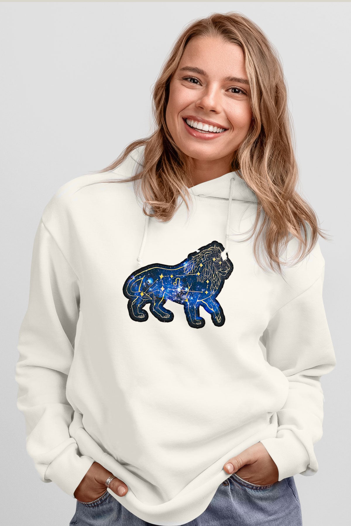 Aslan Burcu Baskılı Beyaz Unisex Hoodie