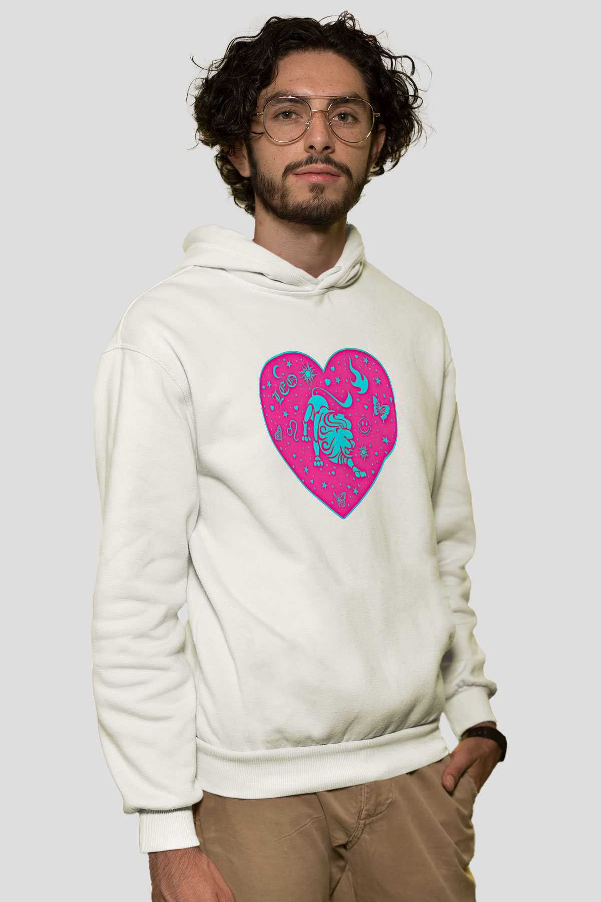 Aslan Burcu Baskılı Beyaz Unisex Hoodie