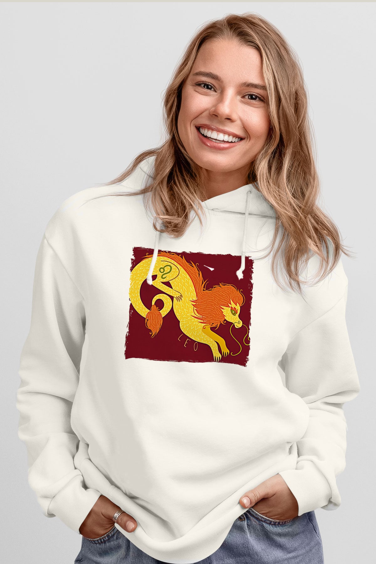 Aslan Burcu Baskılı Beyaz Unisex Hoodie