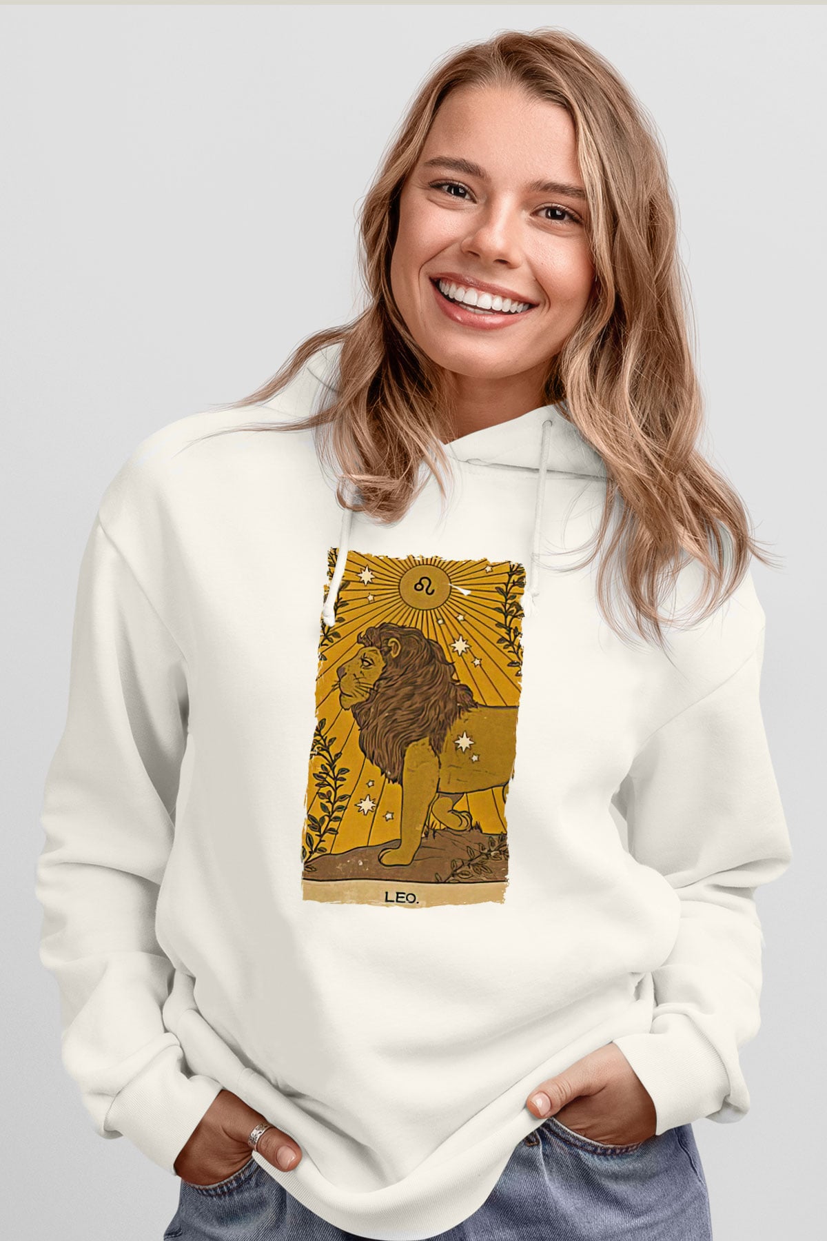 Aslan Burcu Baskılı Beyaz Unisex Hoodie