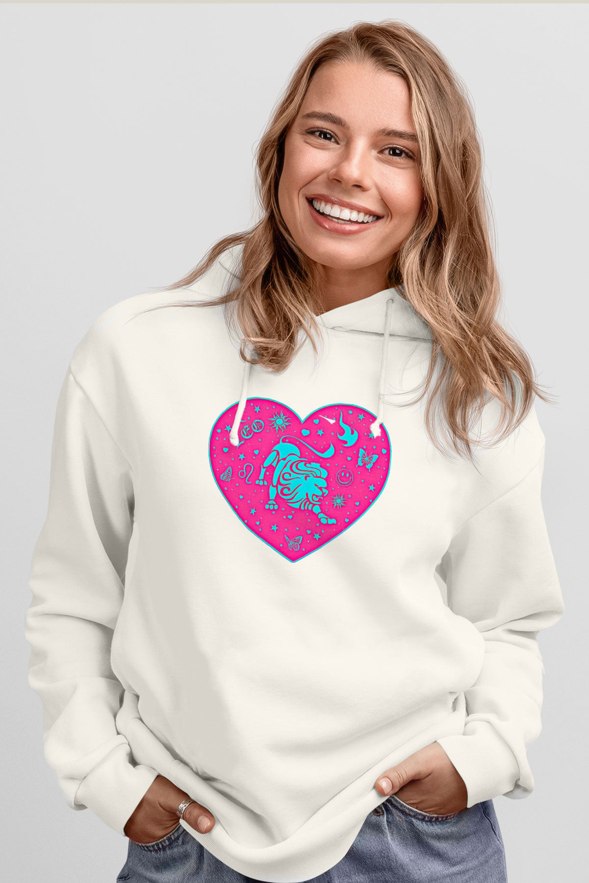 Aslan Burcu Baskılı Beyaz Unisex Hoodie