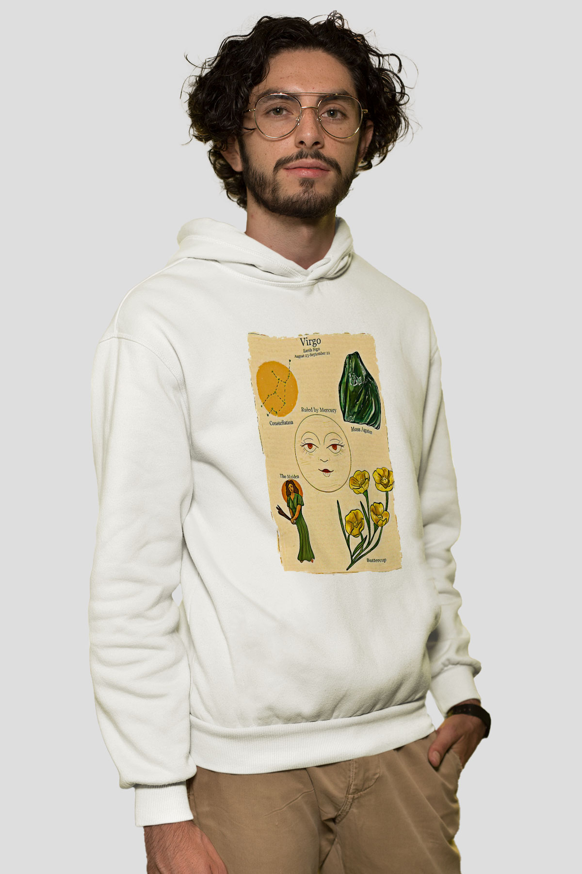 Aslan Burcu Baskılı Beyaz Unisex Hoodie