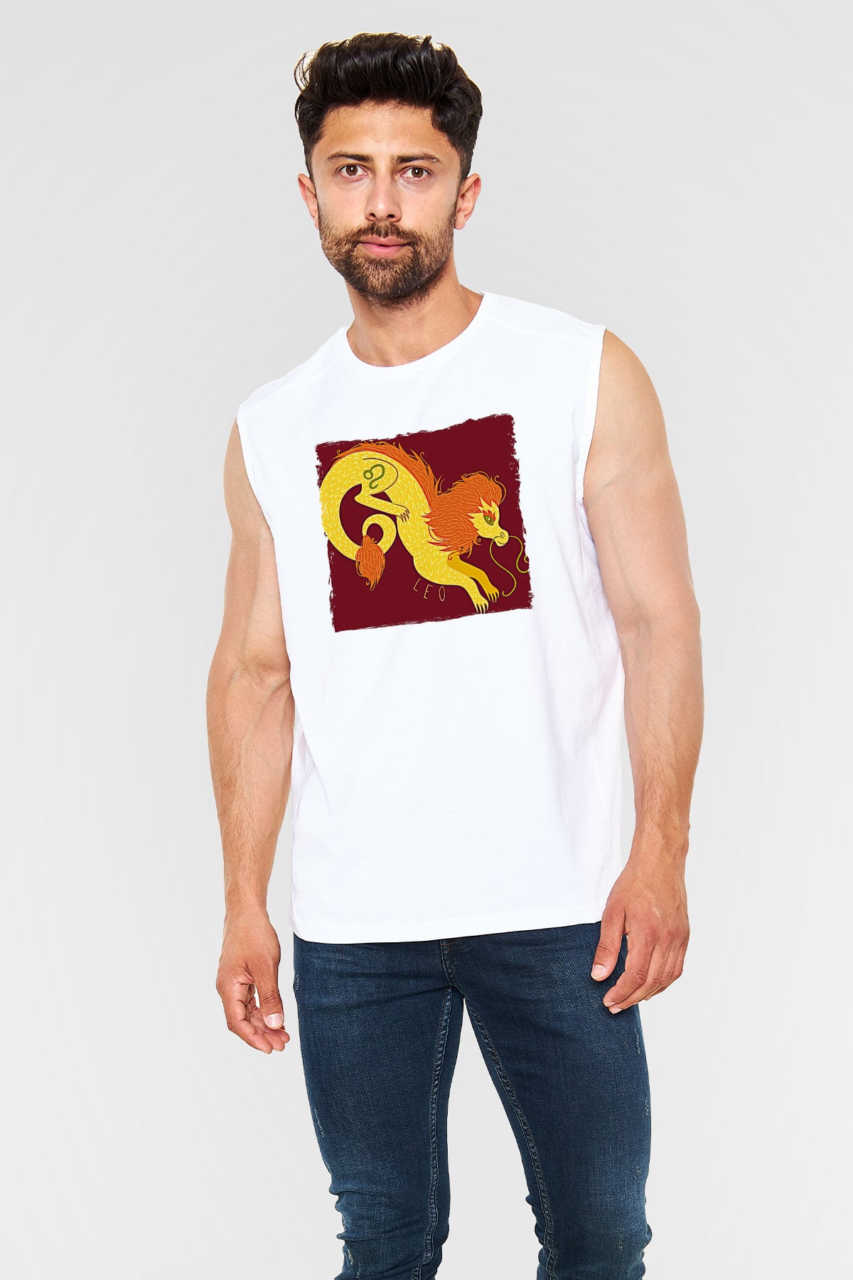 Aslan Burcu Baskılı Beyaz Unisex Kolsuz Tişört - Tshirt