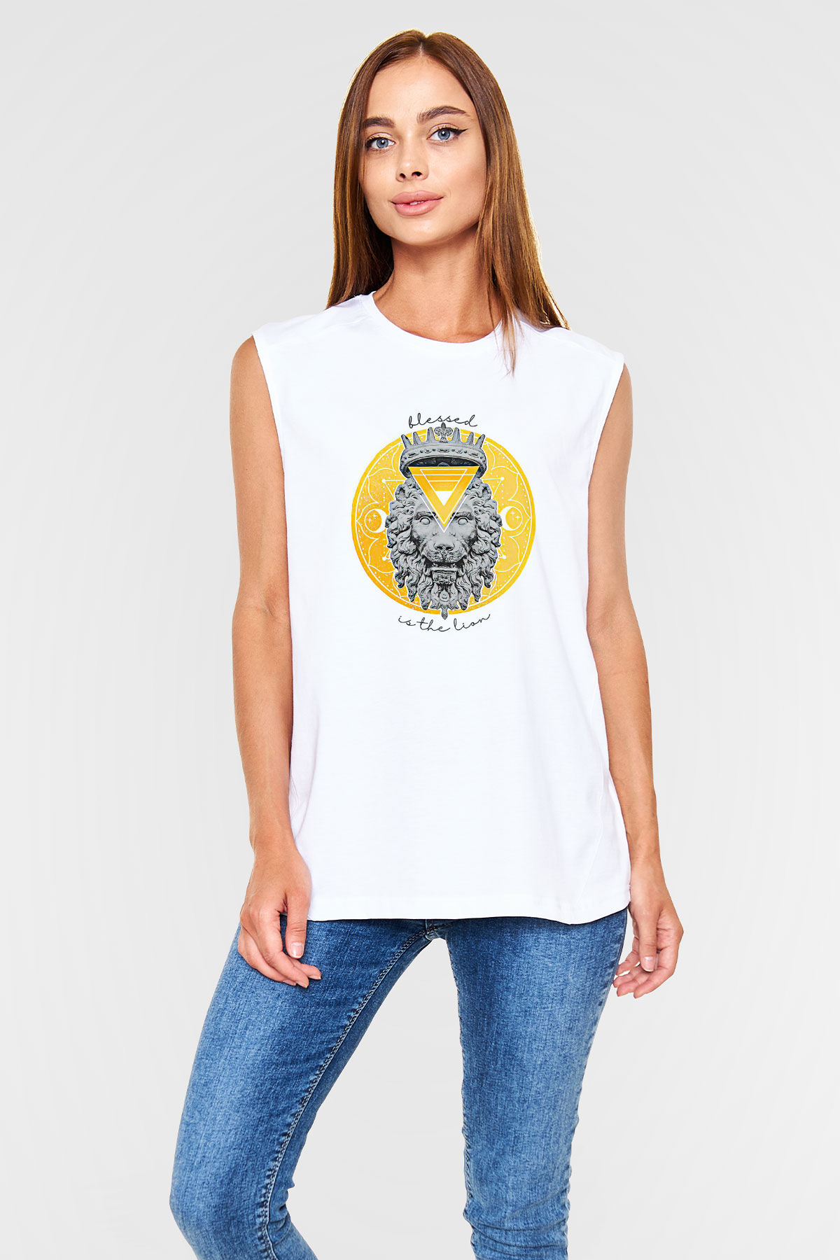 Aslan Burcu Baskılı Beyaz Unisex Kolsuz Tişört - Tshirt