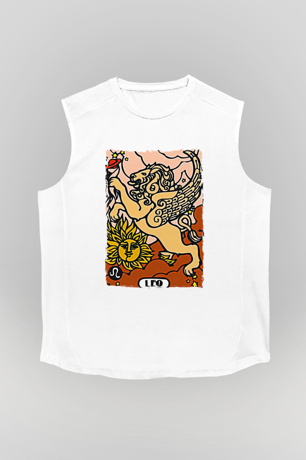 Aslan Burcu Baskılı Beyaz Unisex Kolsuz Tişört - Tshirt