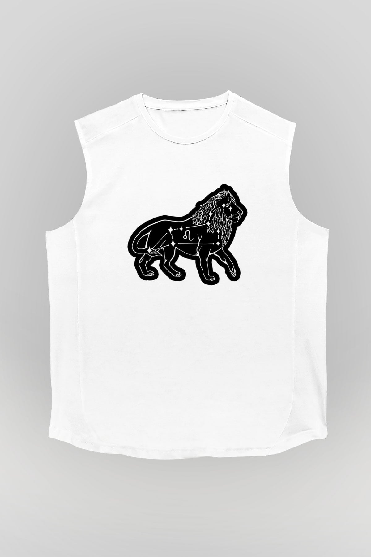 Aslan Burcu Baskılı Beyaz Unisex Kolsuz Tişört - Tshirt