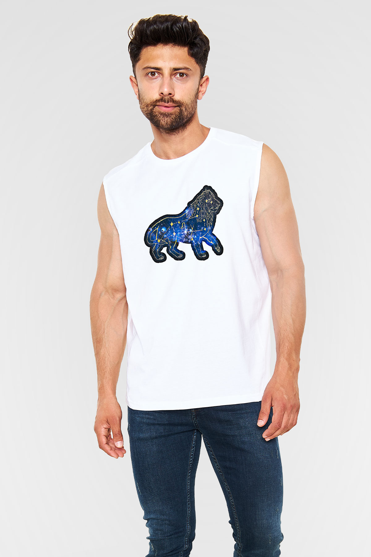 Aslan Burcu Baskılı Beyaz Unisex Kolsuz Tişört - Tshirt