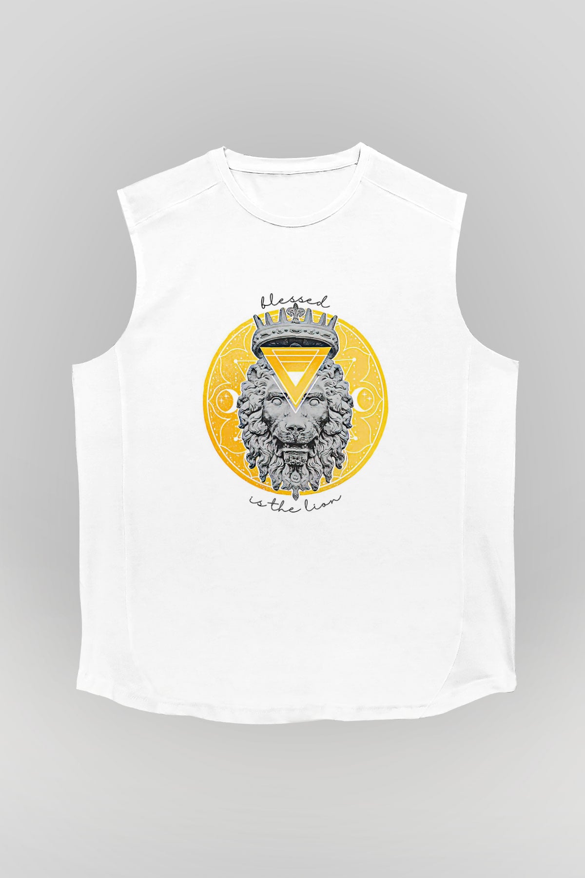 Aslan Burcu Baskılı Beyaz Unisex Kolsuz Tişört - Tshirt