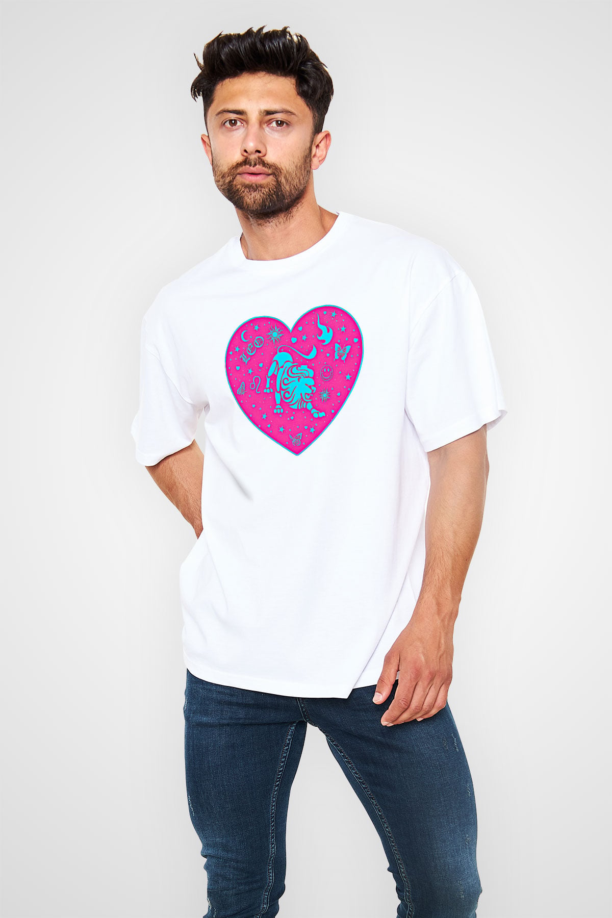 Aslan Burcu Baskılı Beyaz Unisex Oversize Tişört - Tshirt