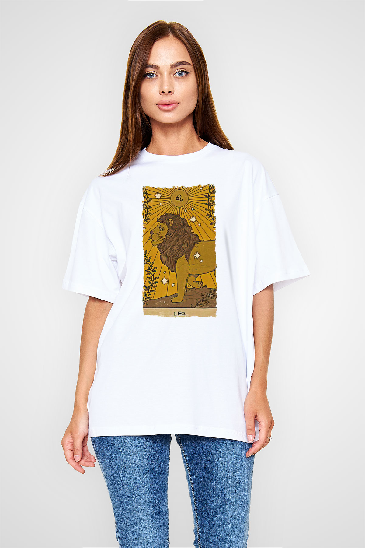 Aslan Burcu Baskılı Beyaz Unisex Oversize Tişört - Tshirt