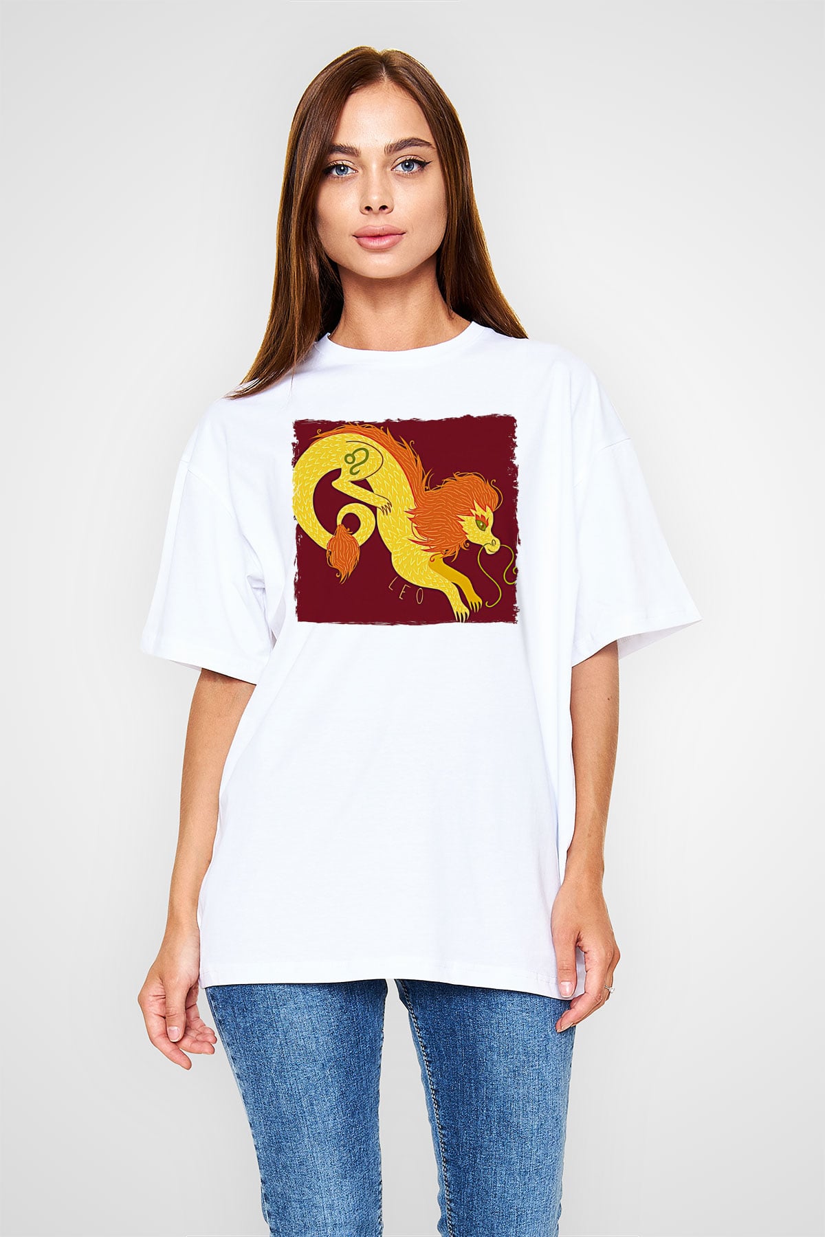 Aslan Burcu Baskılı Beyaz Unisex Oversize Tişört - Tshirt