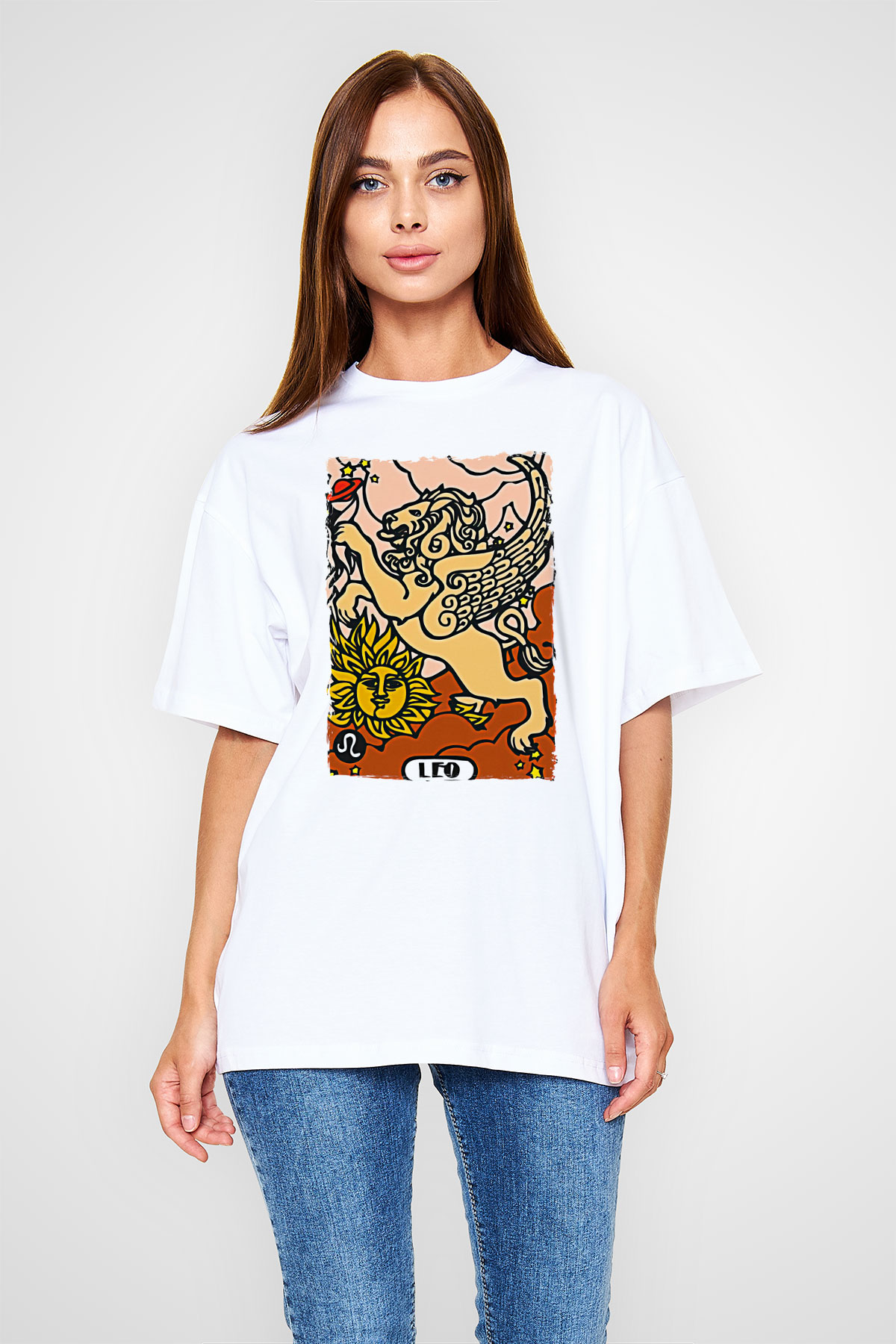 Aslan Burcu Baskılı Beyaz Unisex Oversize Tişört - Tshirt
