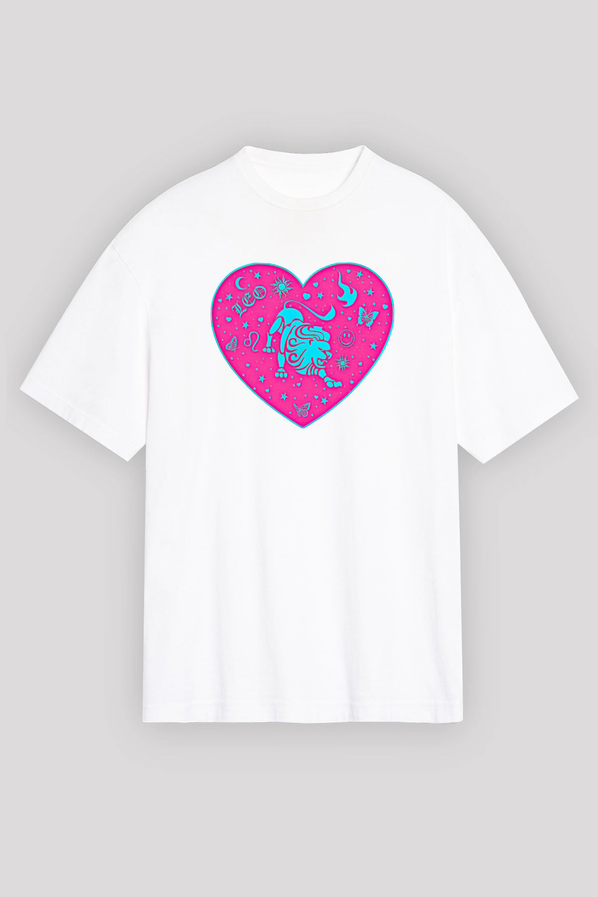 Aslan Burcu Baskılı Beyaz Unisex Oversize Tişört - Tshirt