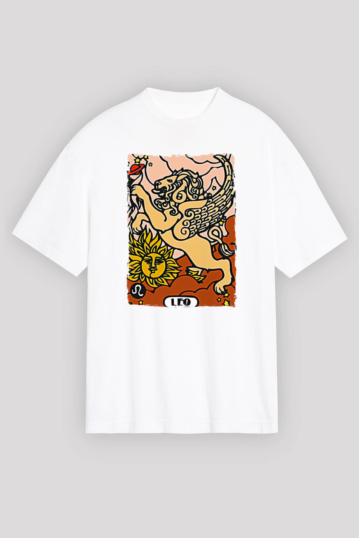 Aslan Burcu Baskılı Beyaz Unisex Oversize Tişört - Tshirt