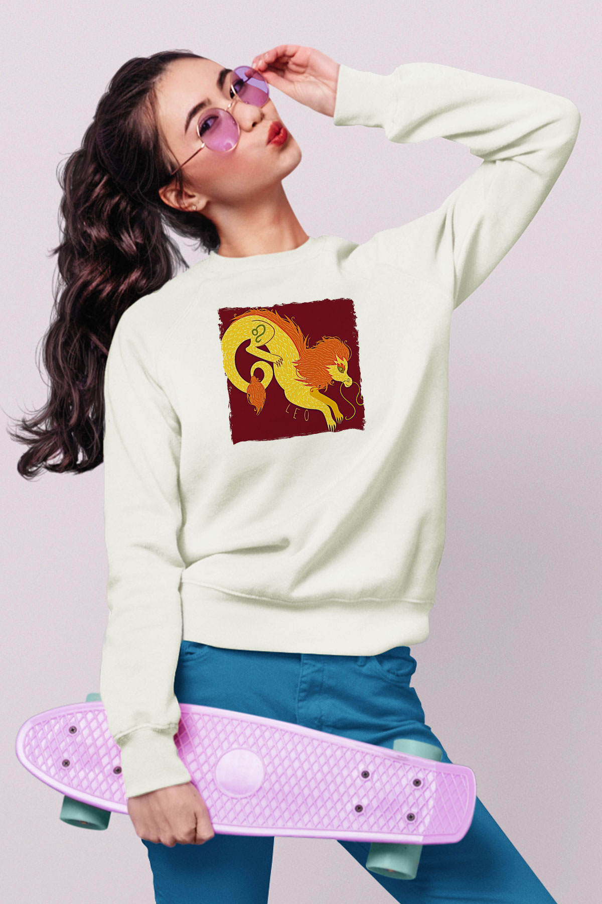 Aslan Burcu Baskılı Beyaz Unisex Sweatshirt