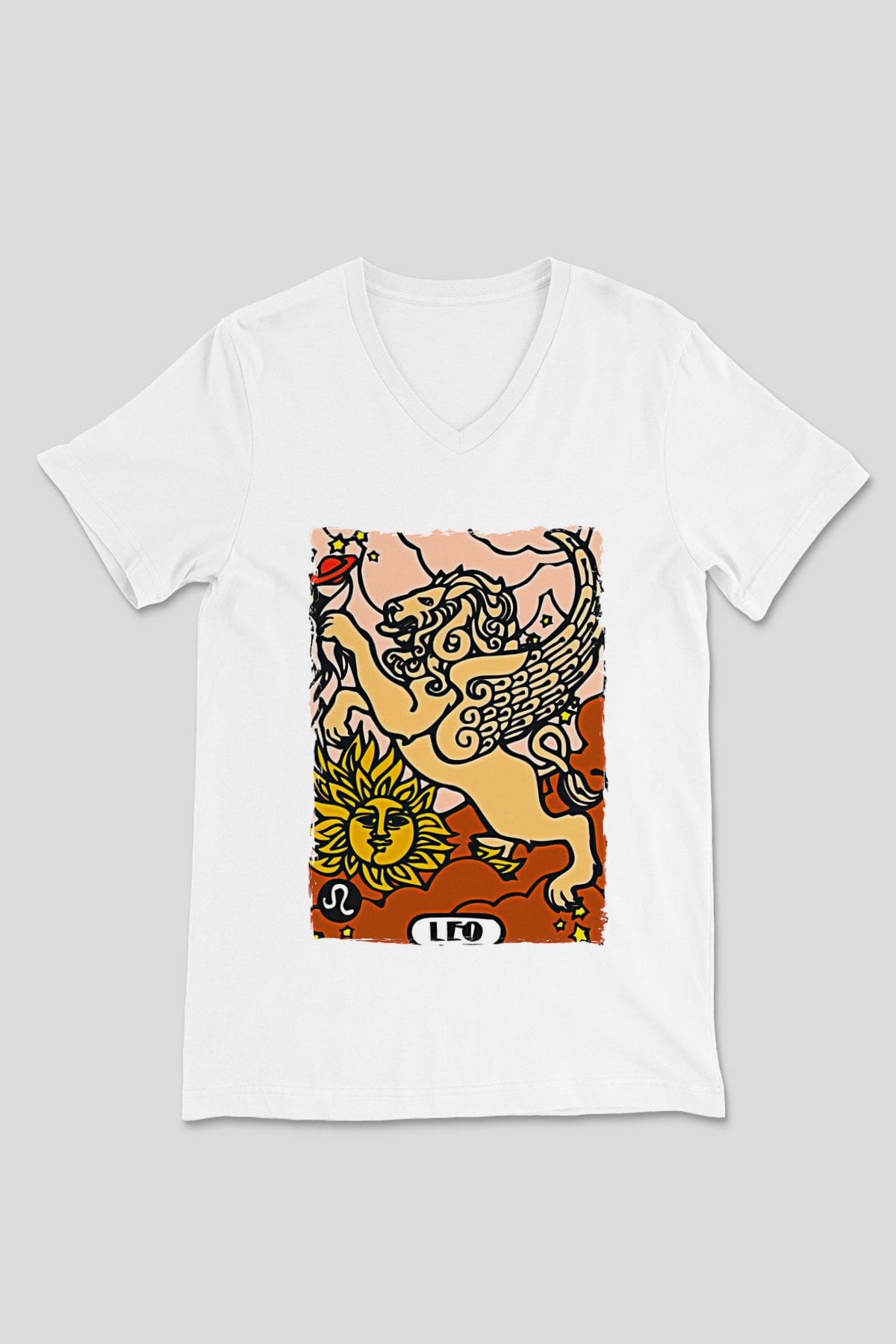 Aslan Burcu Baskılı Beyaz Unisex V Yaka Tişört - Tshirt