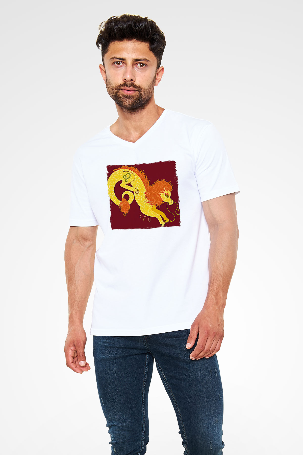 Aslan Burcu Baskılı Beyaz Unisex V Yaka Tişört - Tshirt