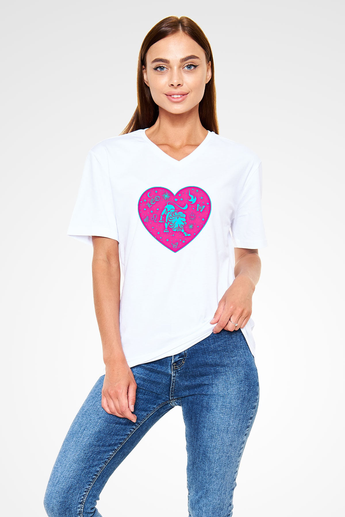 Aslan Burcu Baskılı Beyaz Unisex V Yaka Tişört - Tshirt