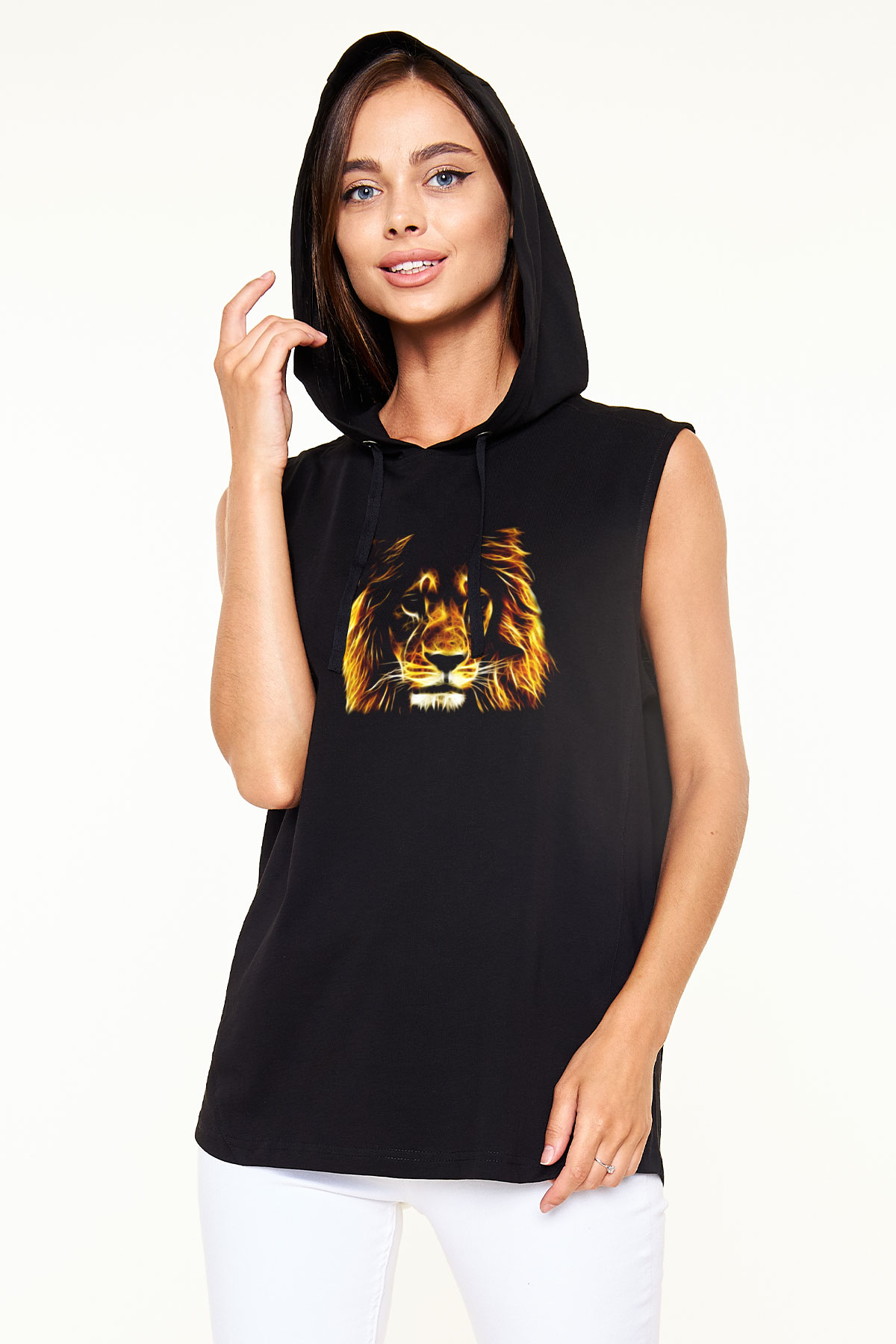 Aslan Siyah Unisex Kapüşonlu Kolsuz Tişört