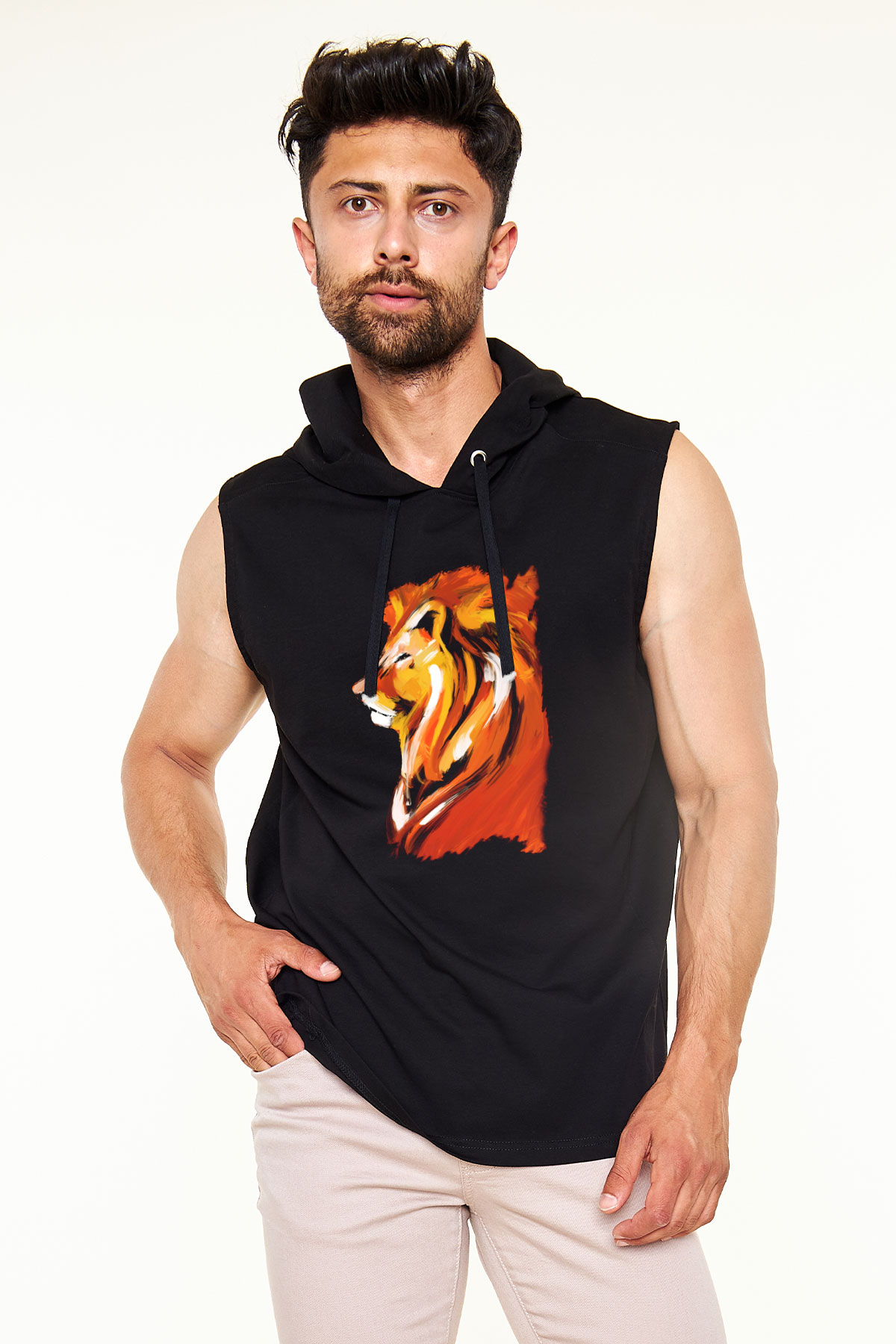 Aslan Siyah Unisex Kapüşonlu Kolsuz Tişört