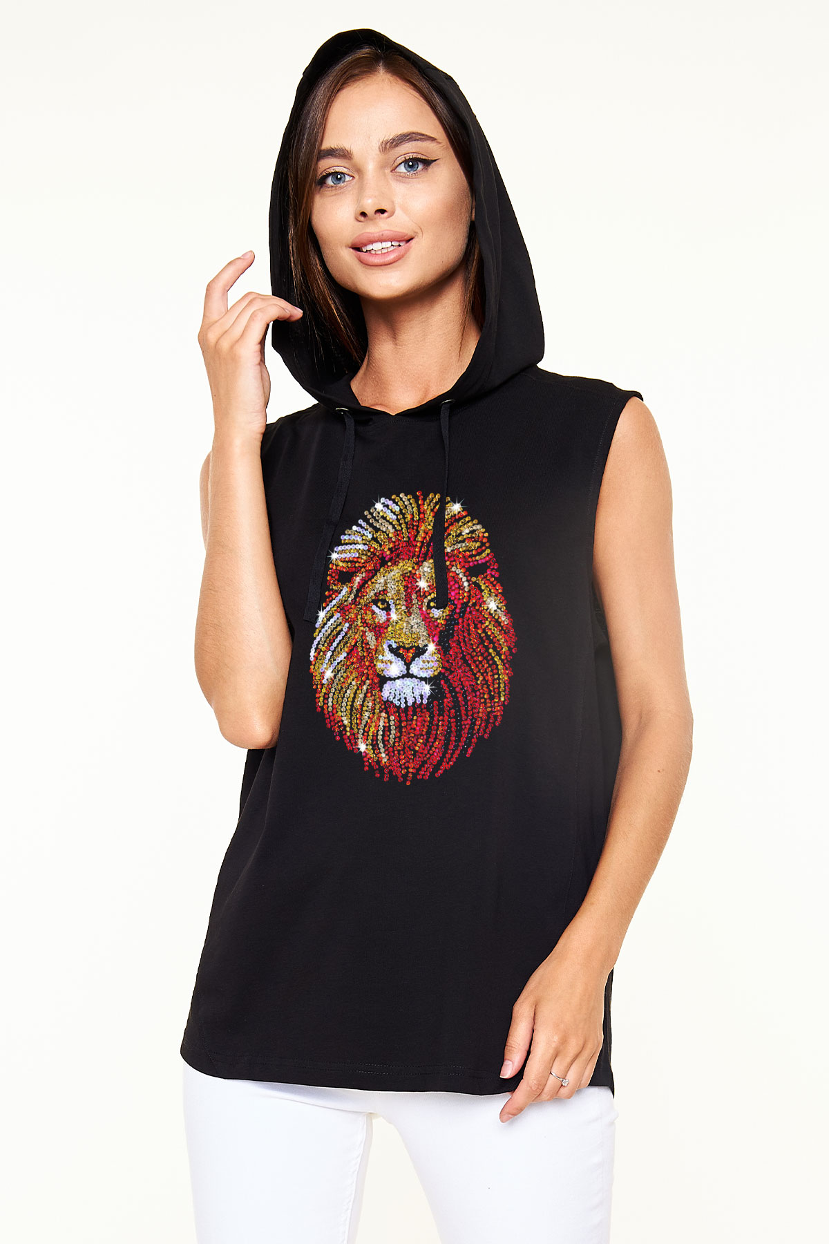 Aslan Siyah Unisex Kapüşonlu Kolsuz Tişört