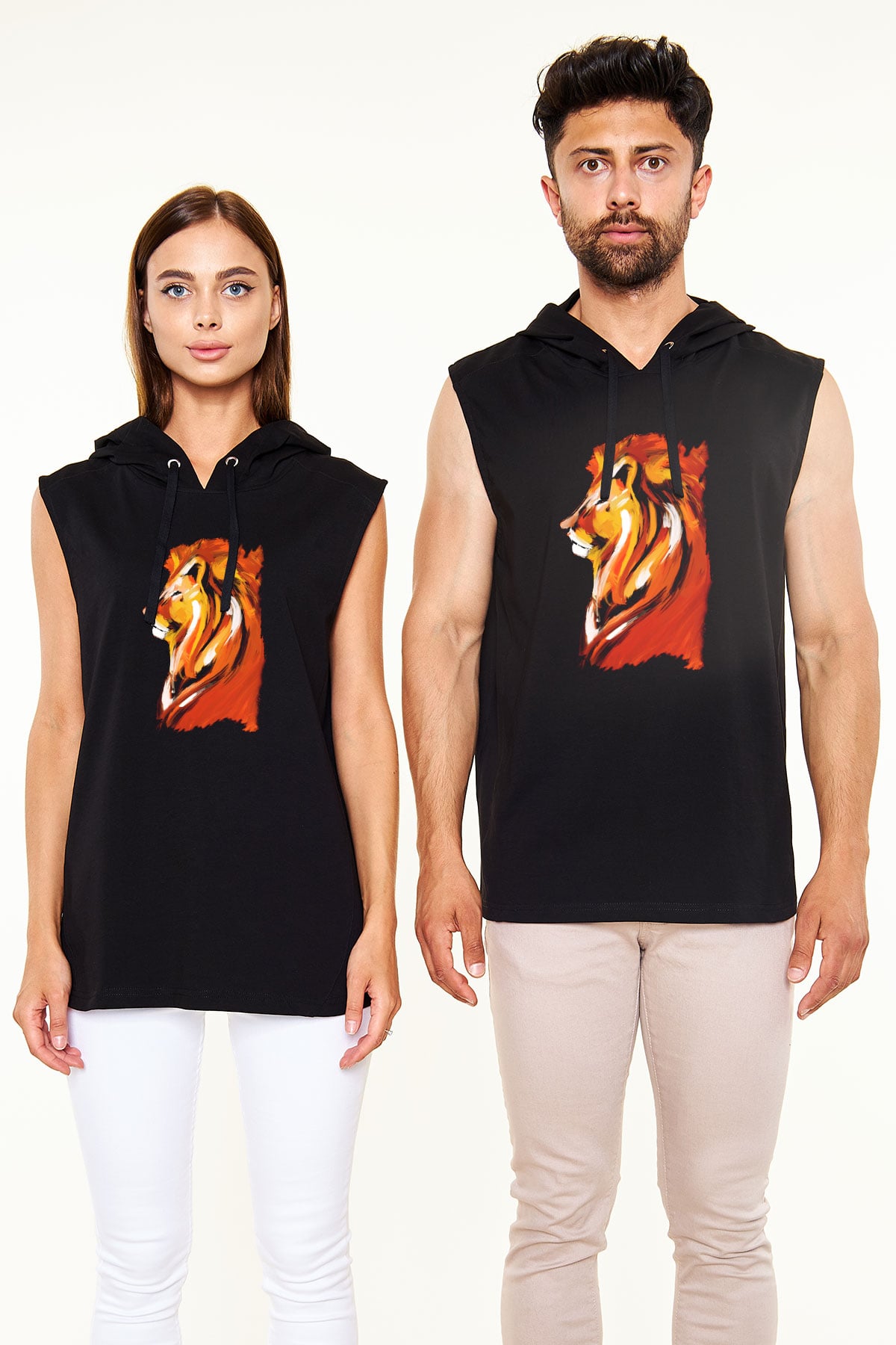 Aslan Siyah Unisex Kapüşonlu Kolsuz Tişört