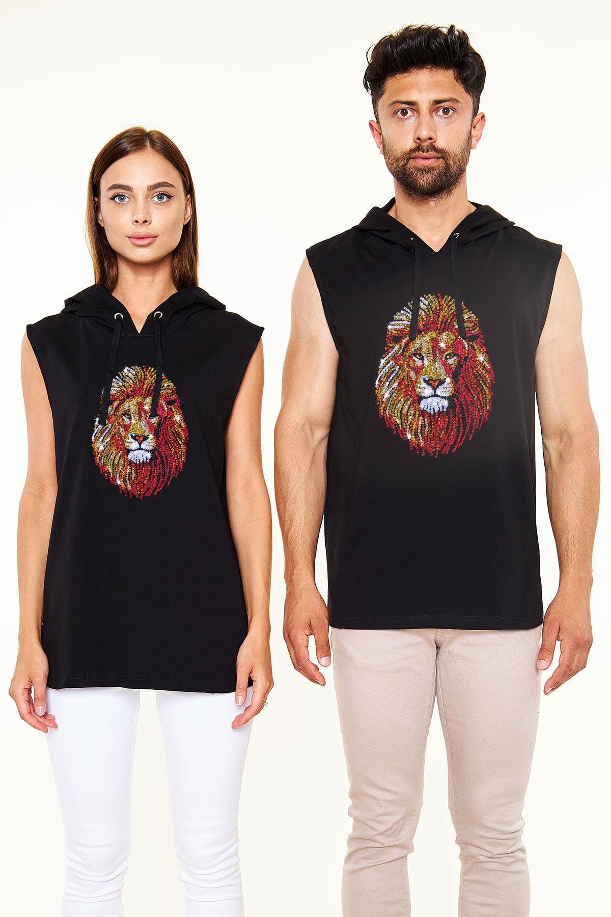 Aslan Siyah Unisex Kapüşonlu Kolsuz Tişört