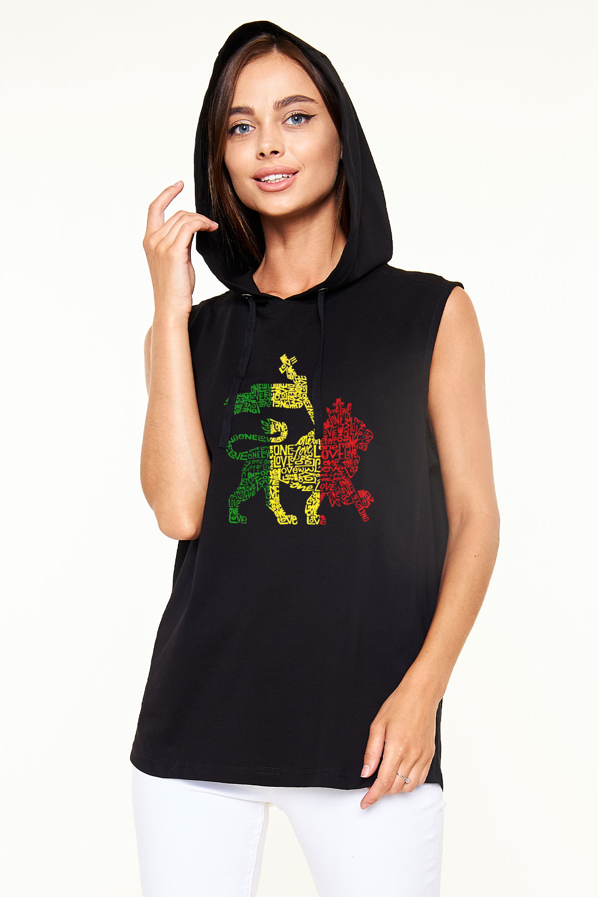 Aslan Siyah Unisex Kapüşonlu Kolsuz Tişört