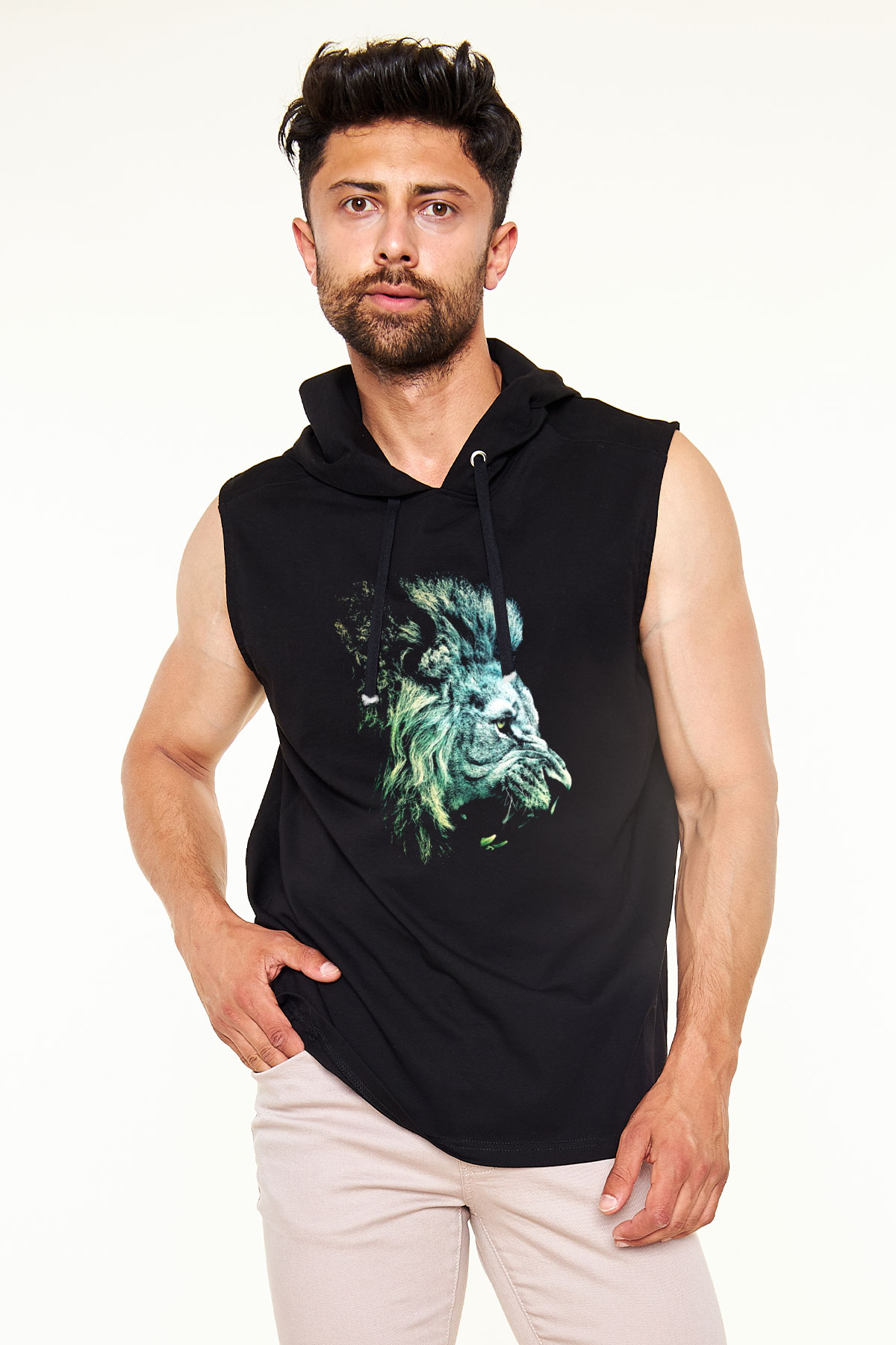 Aslan Siyah Unisex Kapüşonlu Kolsuz Tişört