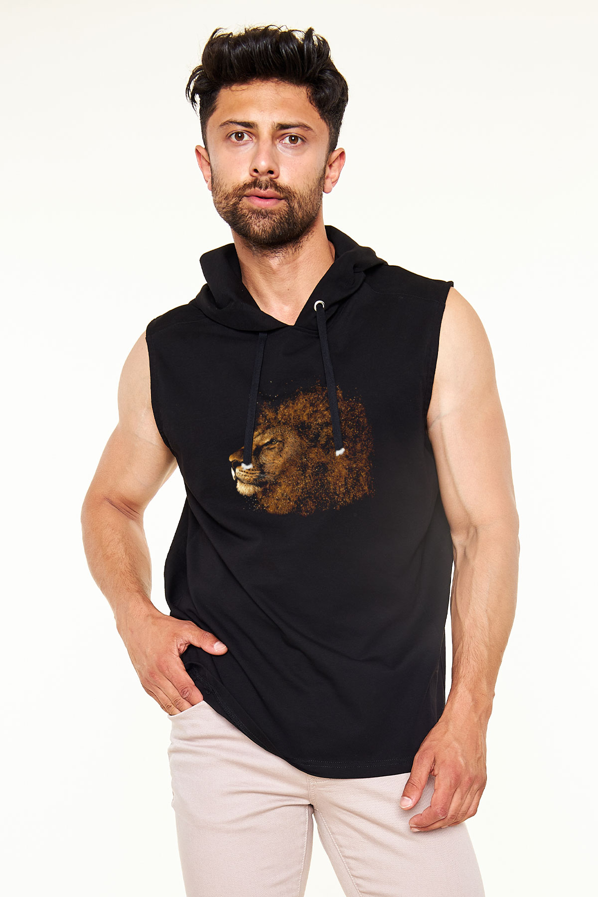 Aslan Siyah Unisex Kapüşonlu Kolsuz Tişört