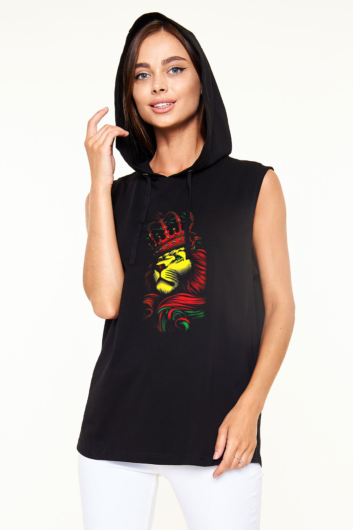 Aslan Siyah Unisex Kapüşonlu Kolsuz Tişört