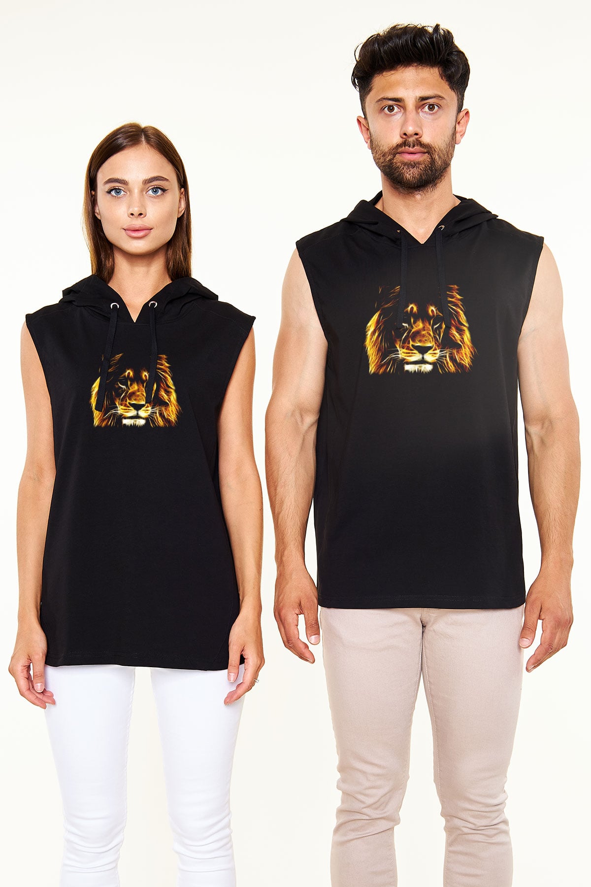 Aslan Siyah Unisex Kapüşonlu Kolsuz Tişört