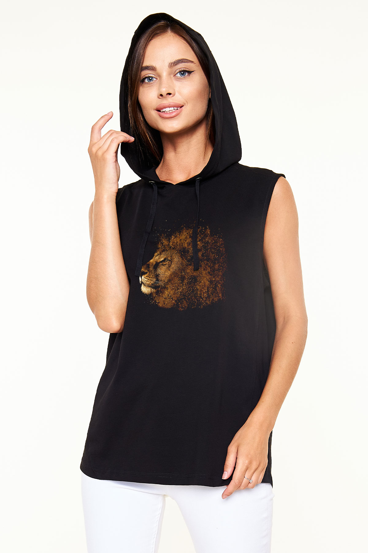 Aslan Siyah Unisex Kapüşonlu Kolsuz Tişört