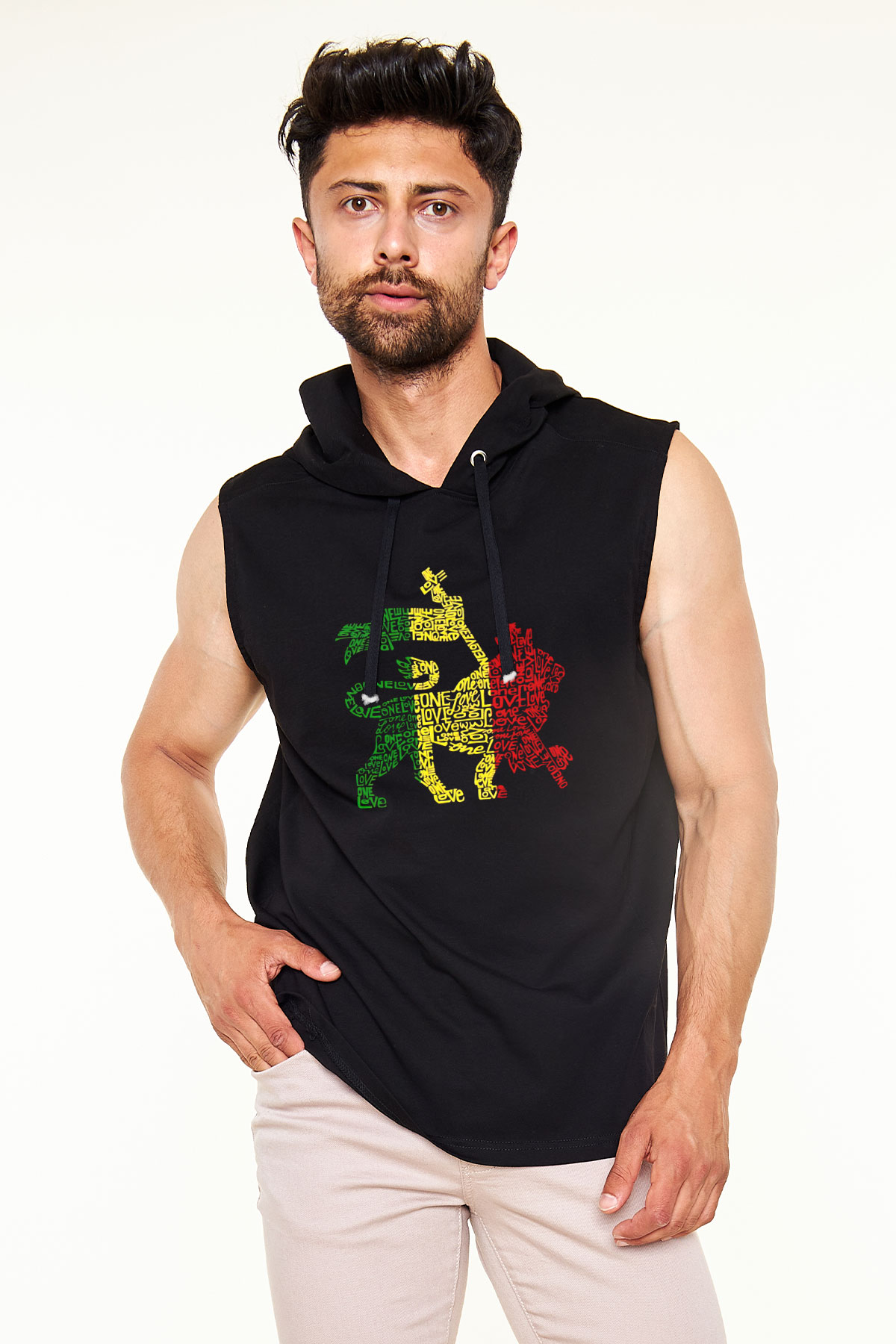 Aslan Siyah Unisex Kapüşonlu Kolsuz Tişört