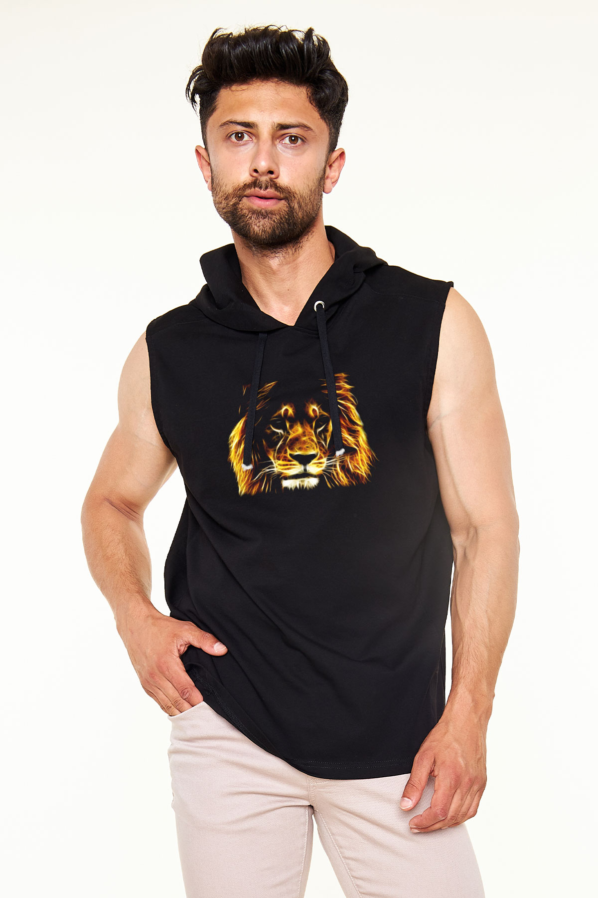Aslan Siyah Unisex Kapüşonlu Kolsuz Tişört
