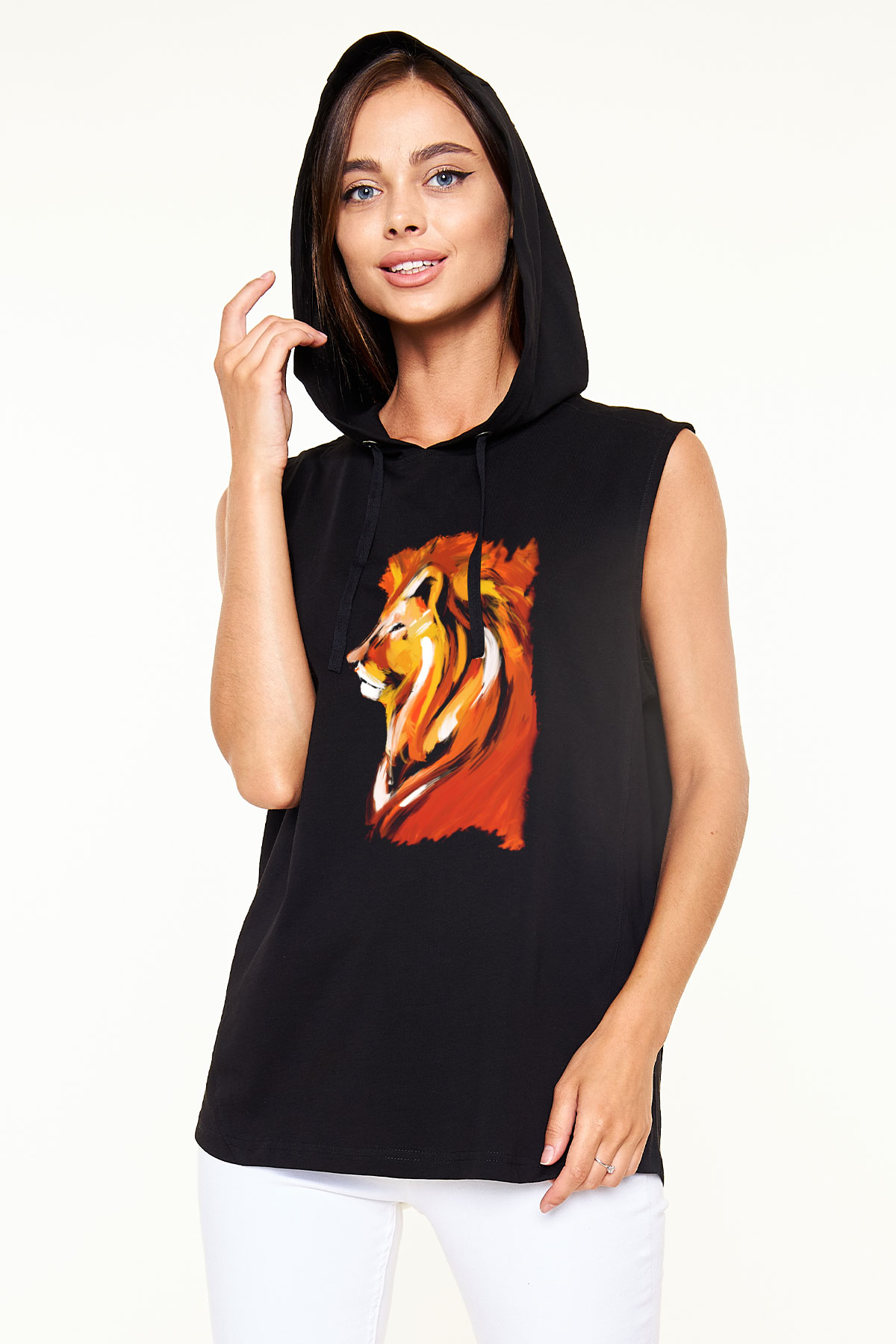 Aslan Siyah Unisex Kapüşonlu Kolsuz Tişört