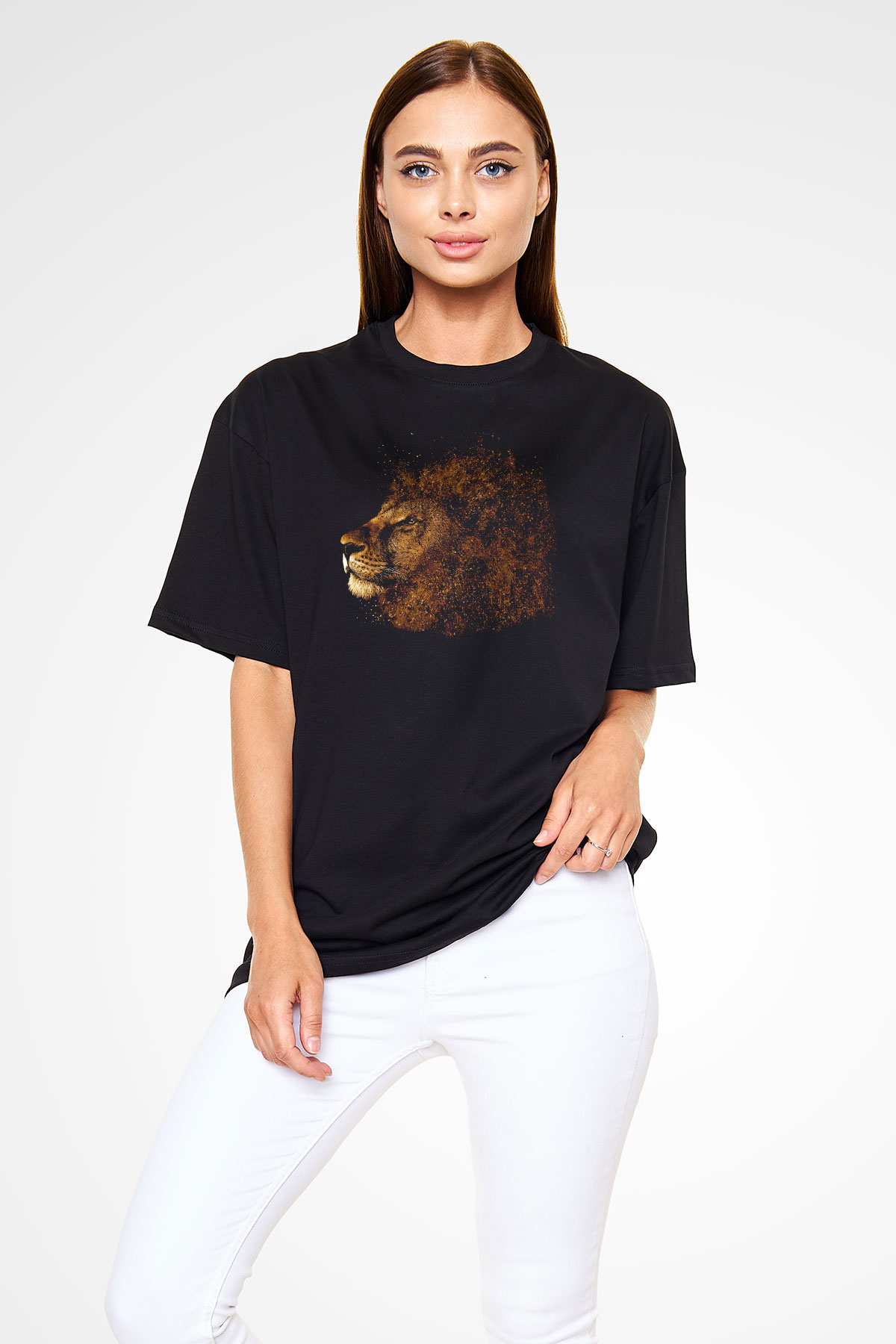 Aslan Siyah Unisex Oversize Tişört T-Shirt
