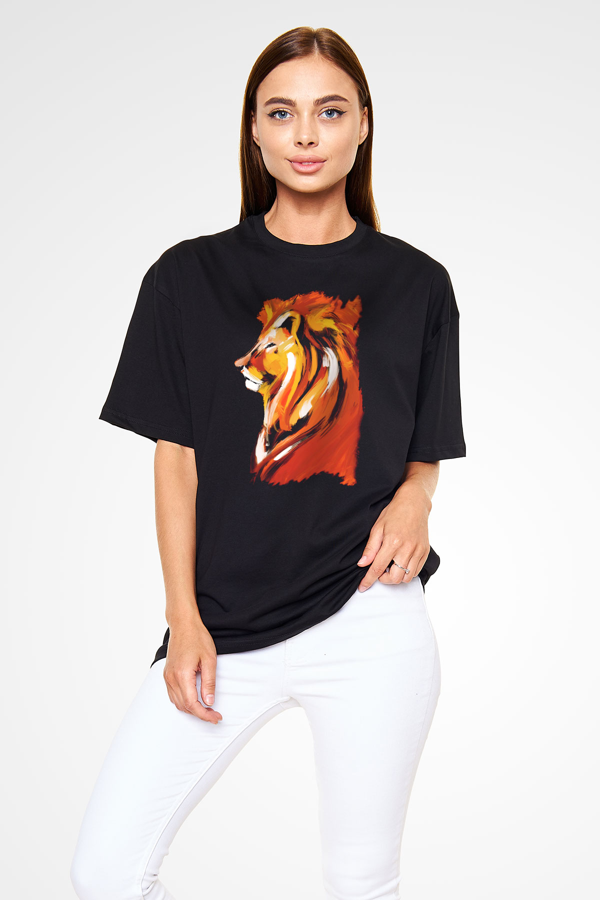 Aslan Siyah Unisex Oversize Tişört T-Shirt