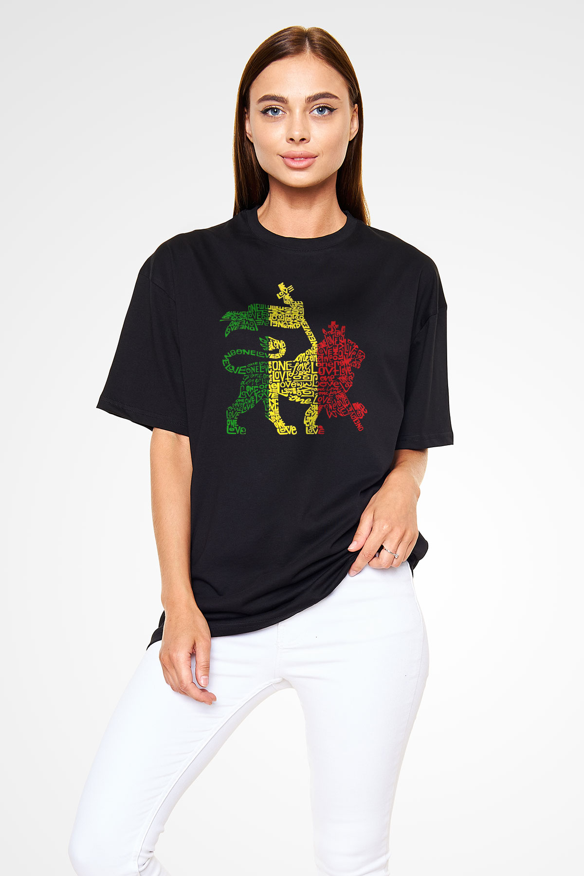 Aslan Siyah Unisex Oversize Tişört T-Shirt