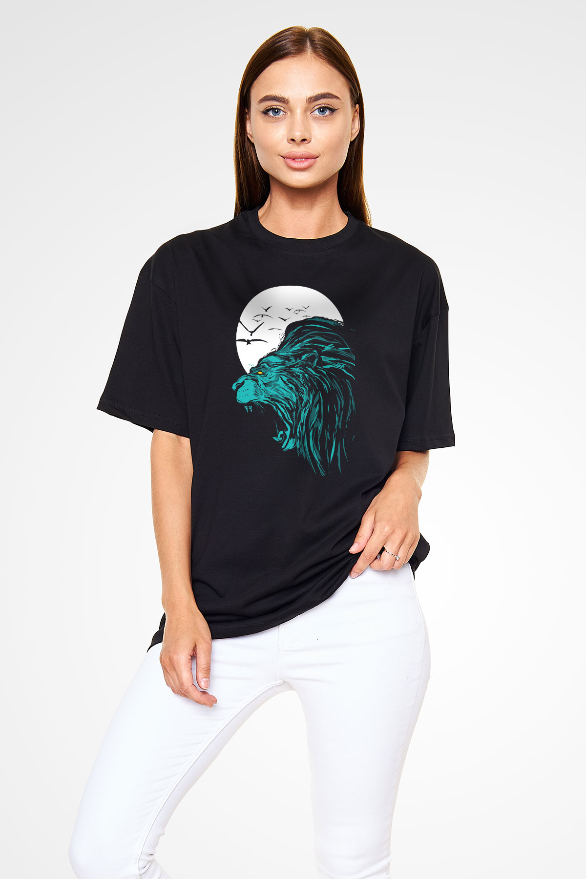 Aslan Siyah Unisex Oversize Tişört T-Shirt