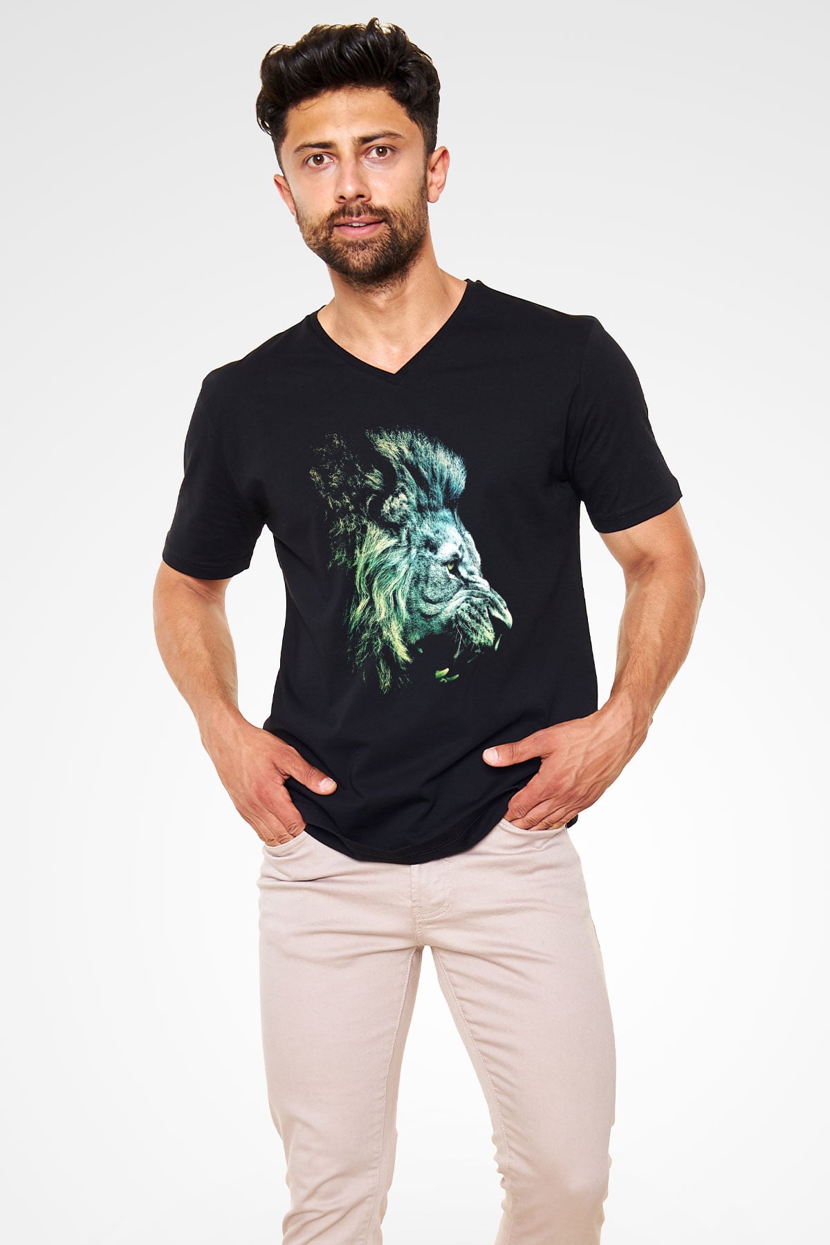 Aslan Siyah Unisex V Yaka Tişört T-Shirt