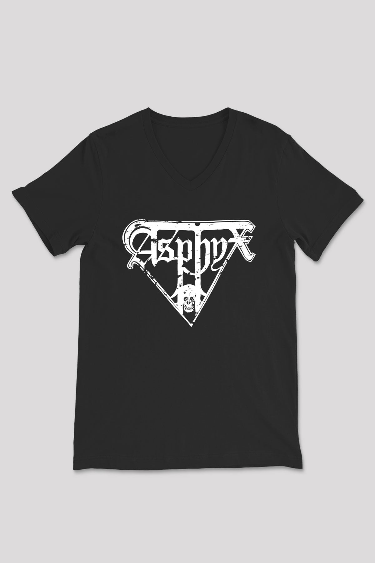 Asphyx Baskılı Unisex Siyah V Yaka Tişört - Tshirt